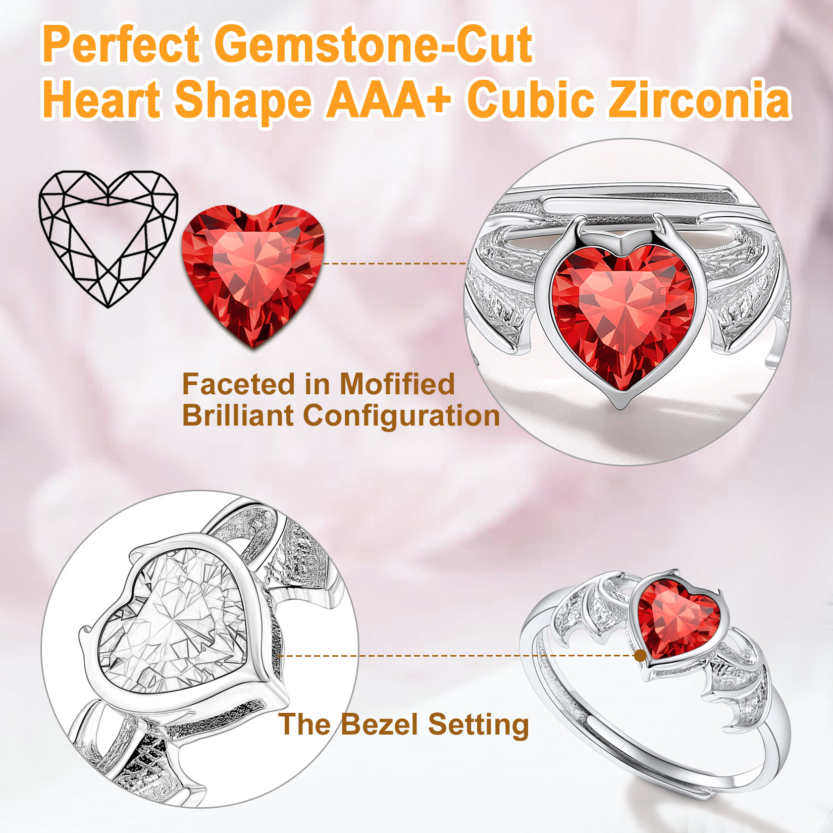 Sterling Silver Heart Birthstone Demon wings Adjustable Ring for Her
