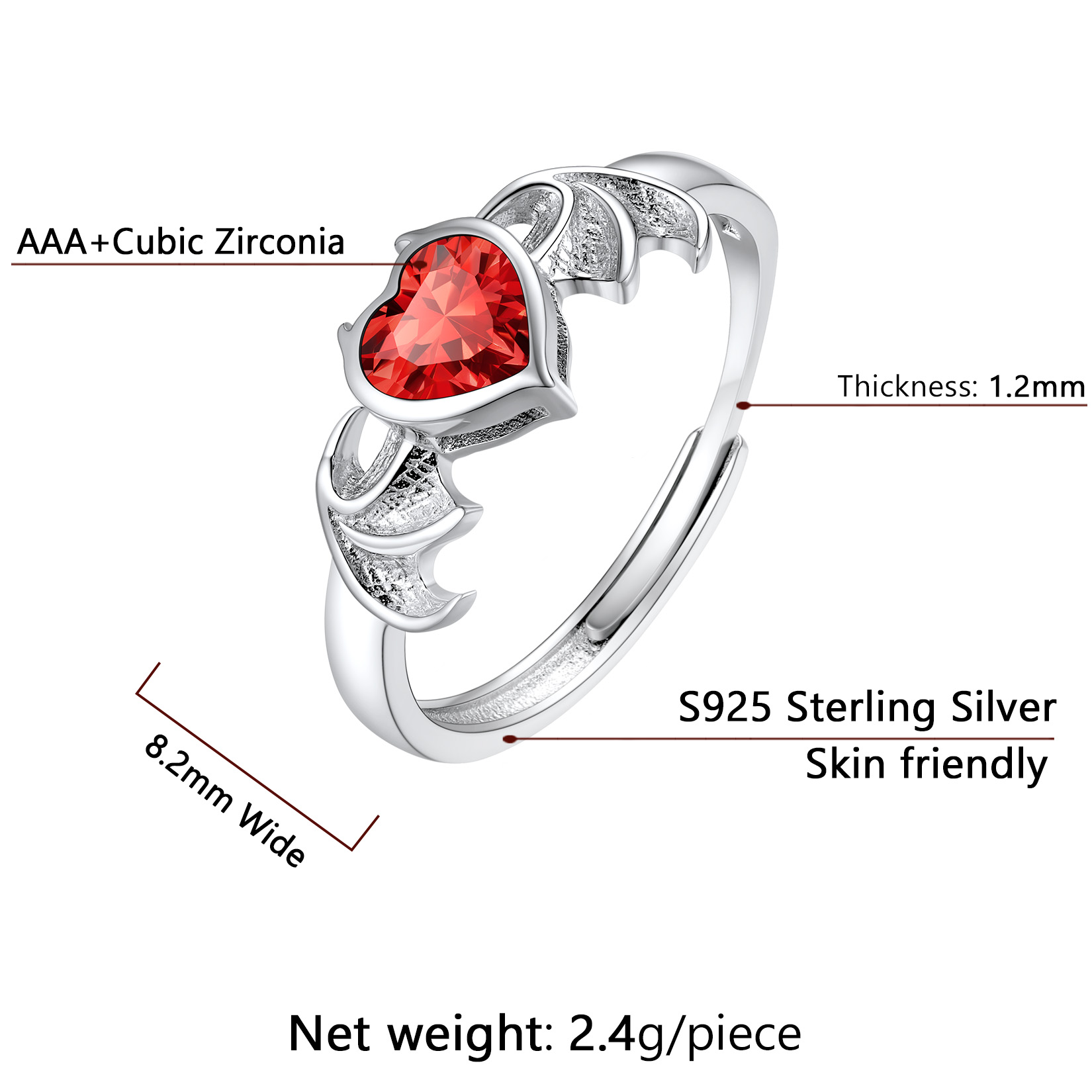Sterling Silver Heart Birthstone Demon wings Adjustable Ring for Her