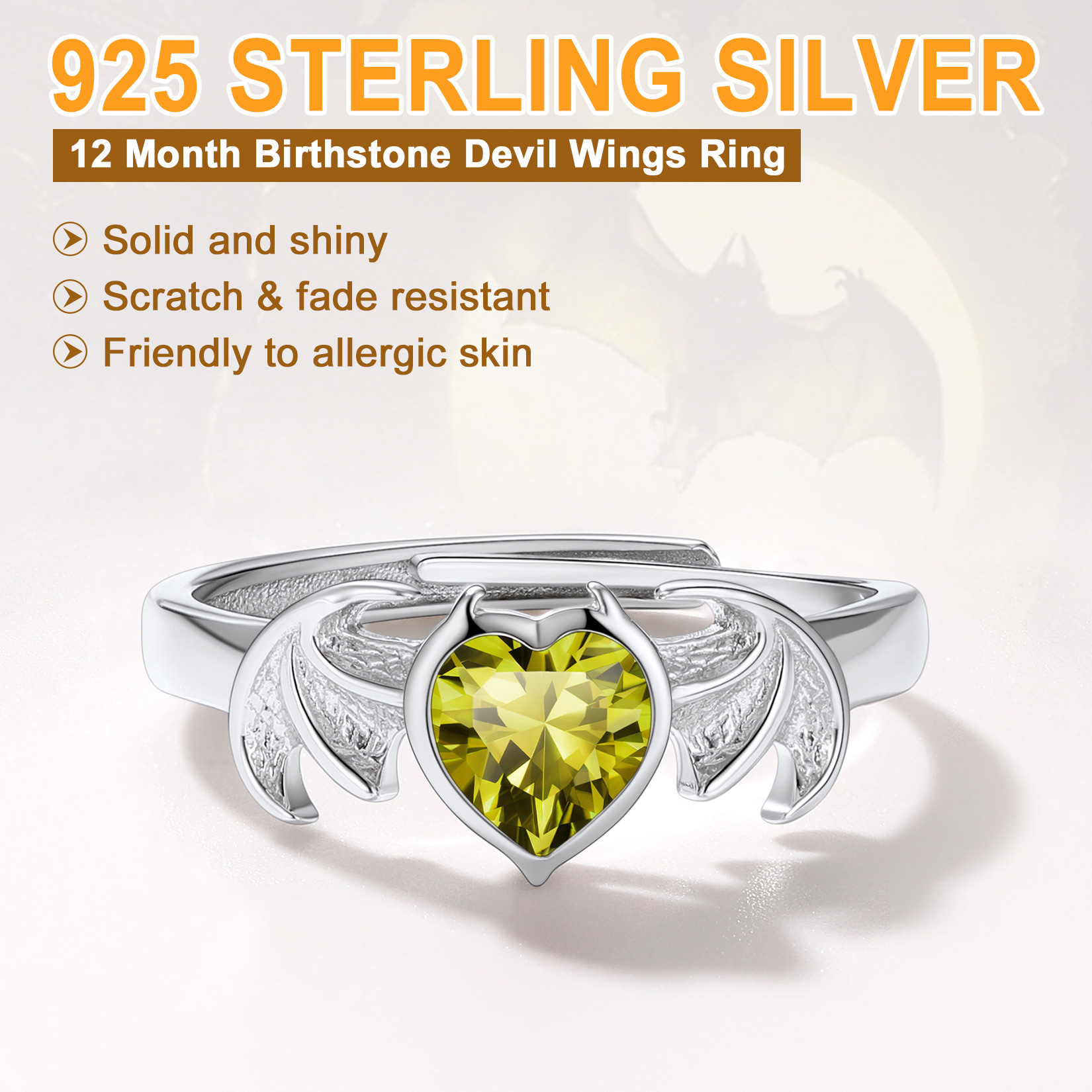 Sterling Silver Heart Birthstone Demon wings Adjustable Ring for Her