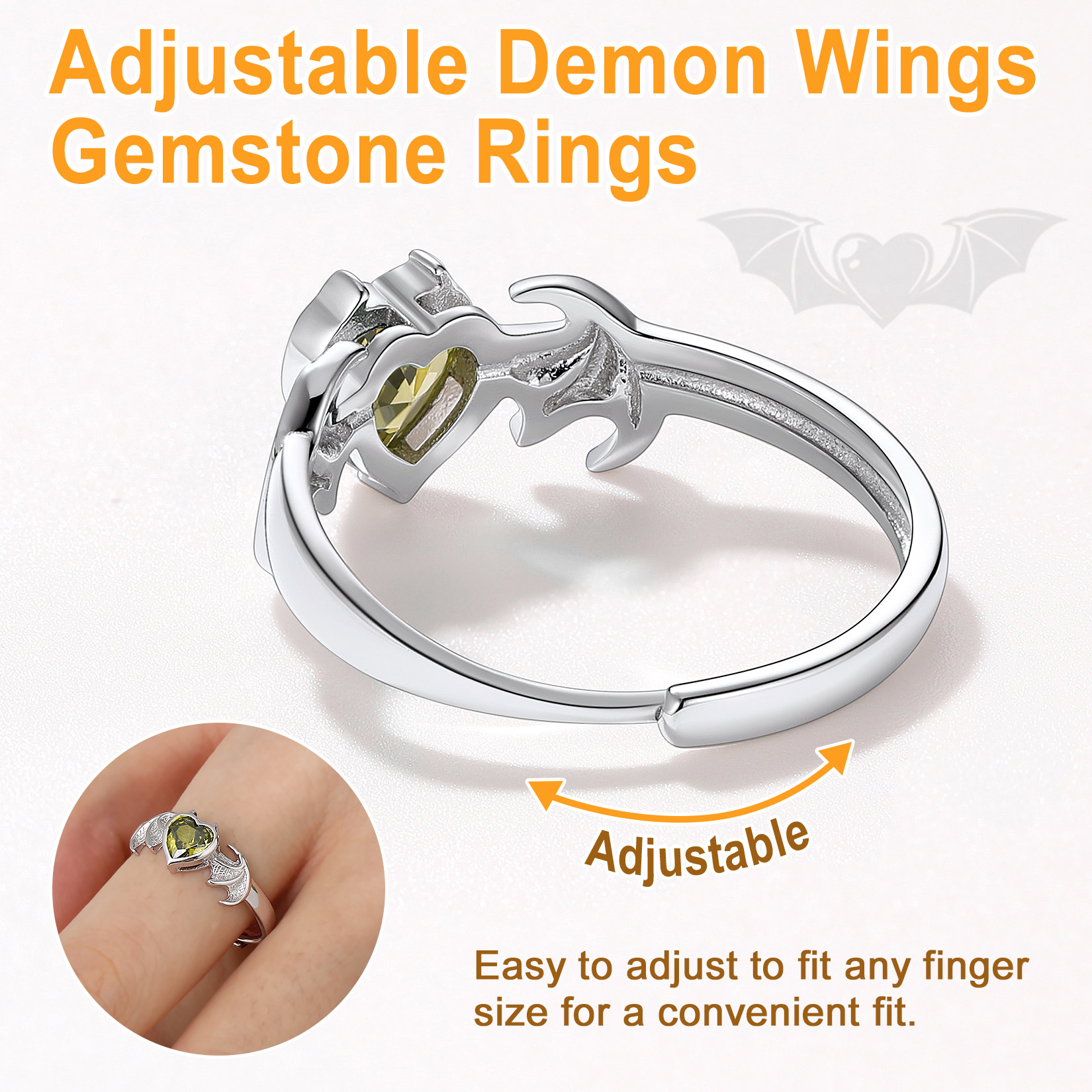 Sterling Silver Heart Birthstone Demon wings Adjustable Ring for Her