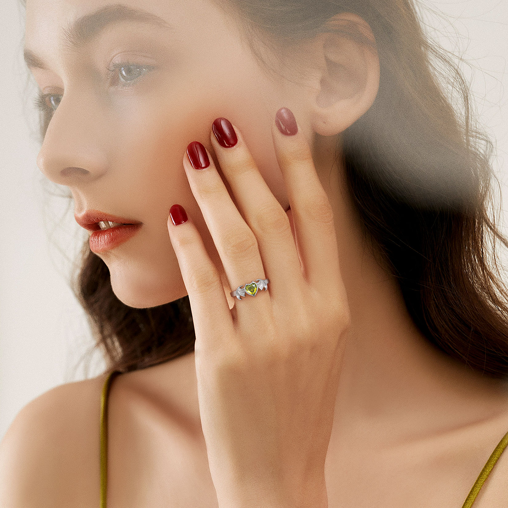 Sterling Silver Heart Birthstone Demon wings Adjustable Ring for Her