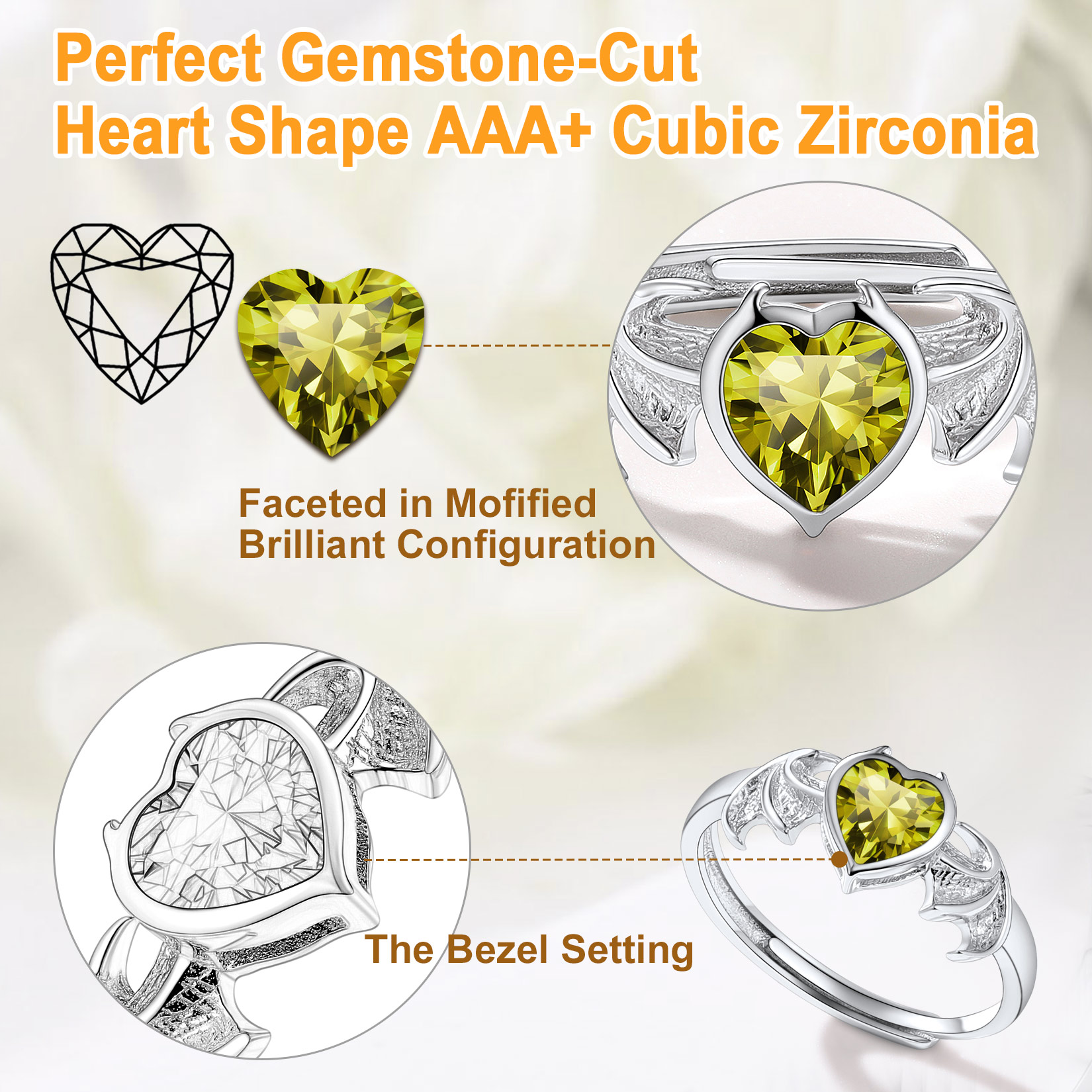 Sterling Silver Heart Birthstone Demon wings Adjustable Ring for Her