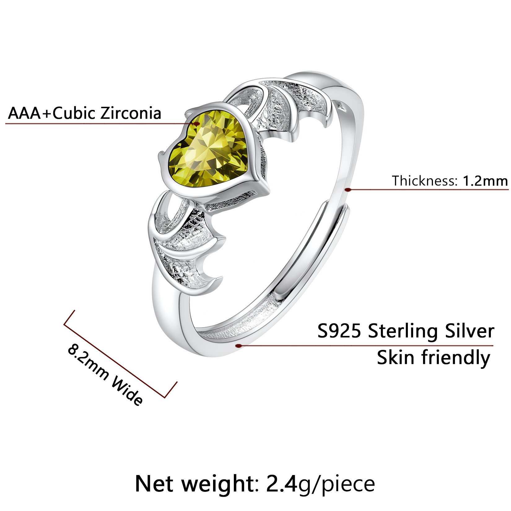 Sterling Silver Heart Birthstone Demon wings Adjustable Ring for Her