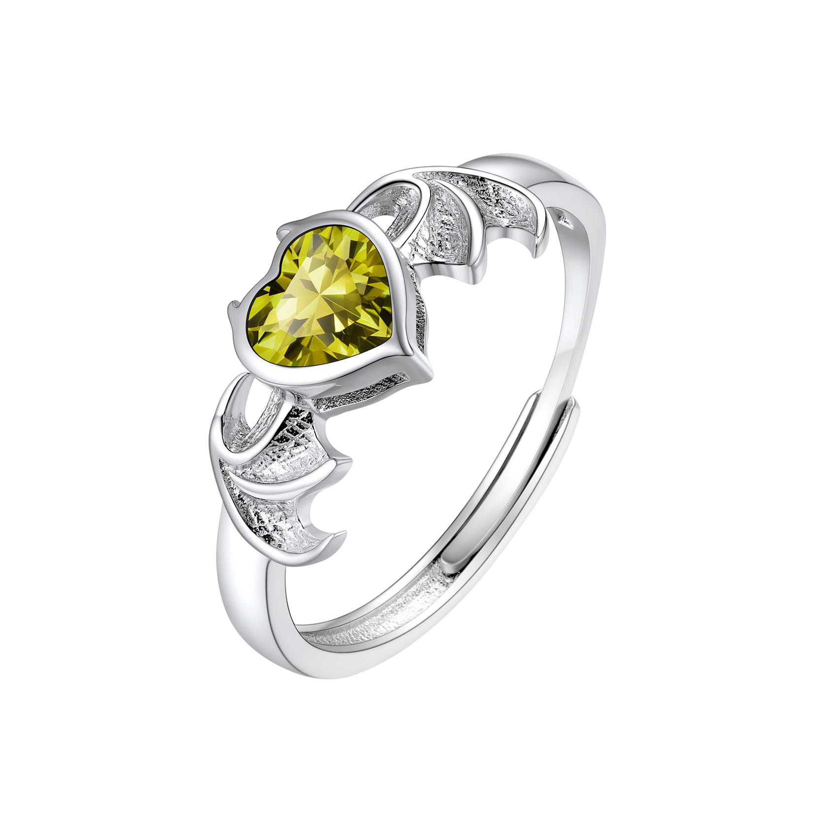 Sterling Silver Heart Birthstone Demon wings Adjustable Ring for Her