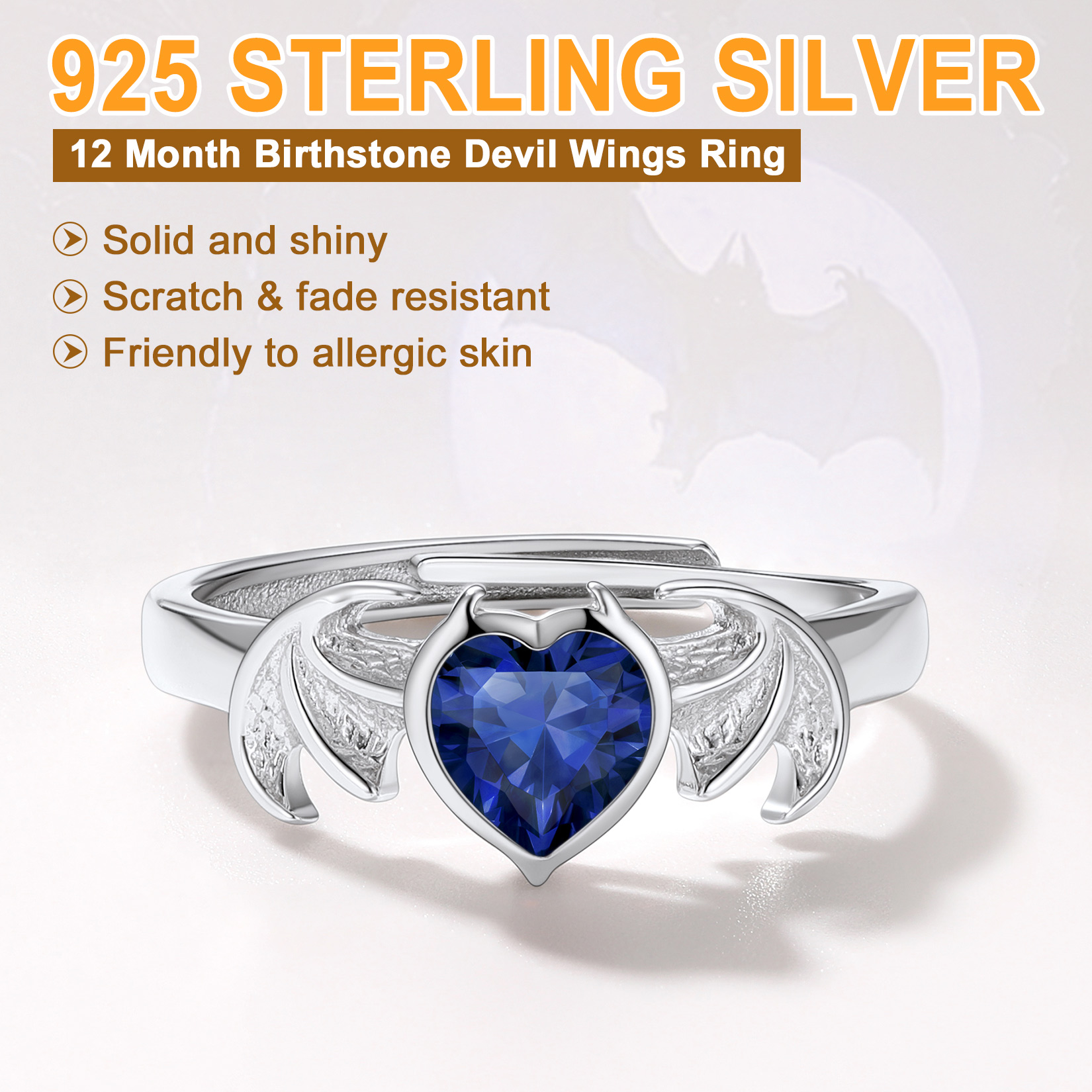 Sterling Silver Heart Birthstone Demon wings Adjustable Ring for Her