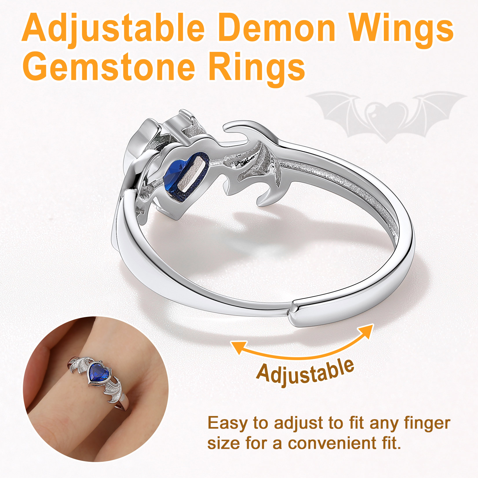 Sterling Silver Heart Birthstone Demon wings Adjustable Ring for Her