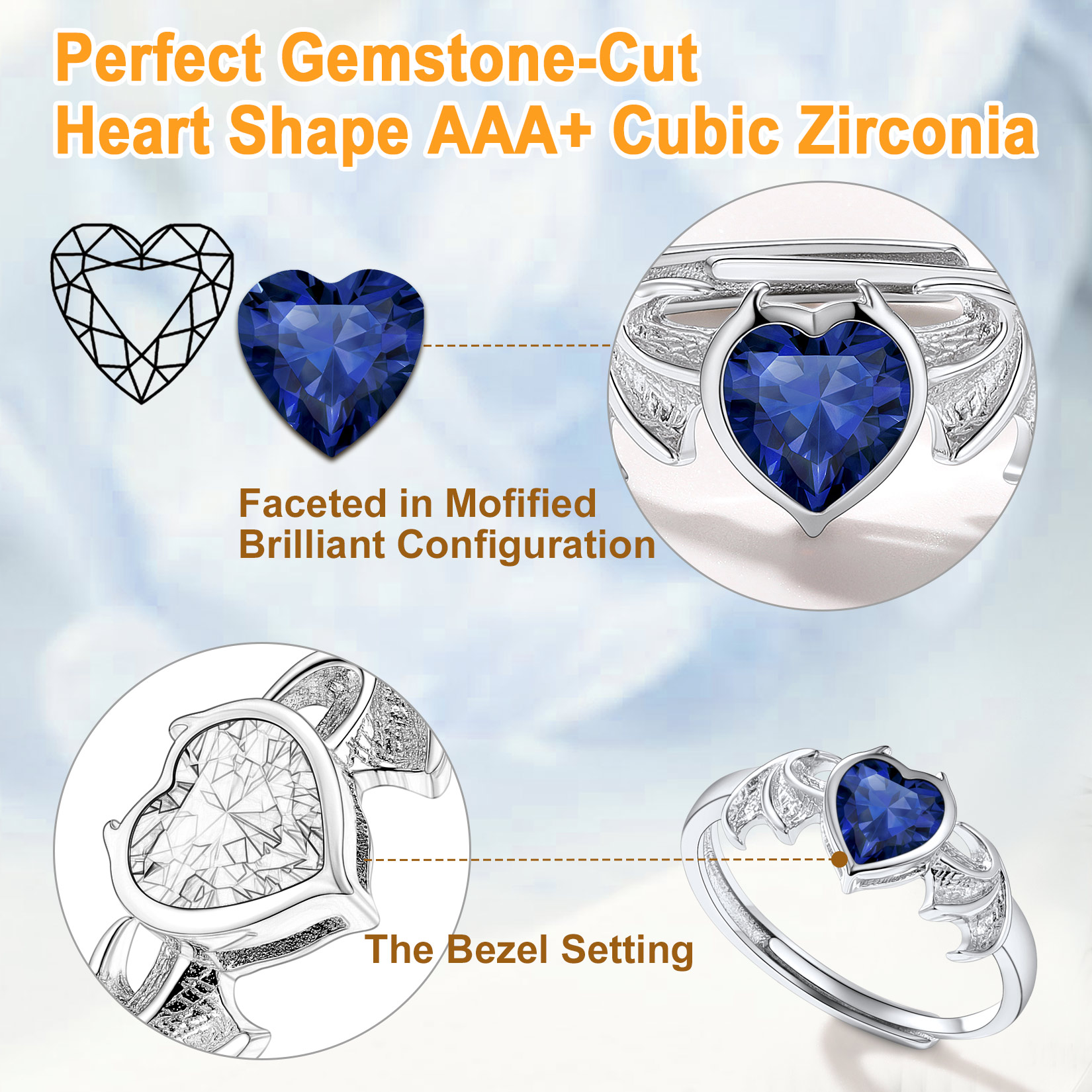 Sterling Silver Heart Birthstone Demon wings Adjustable Ring for Her