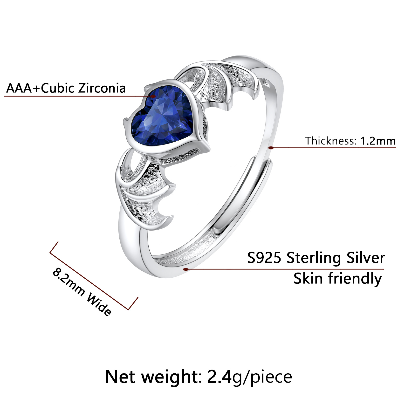 Sterling Silver Heart Birthstone Demon wings Adjustable Ring for Her