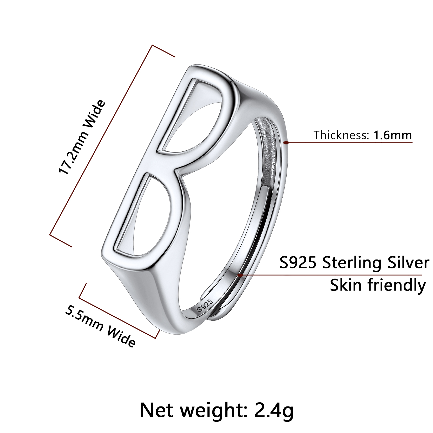 Silver Adjustable Capital Initial Letter Rings Details: Dimensions, Hypoallergenic, Adjustable size for 6~10