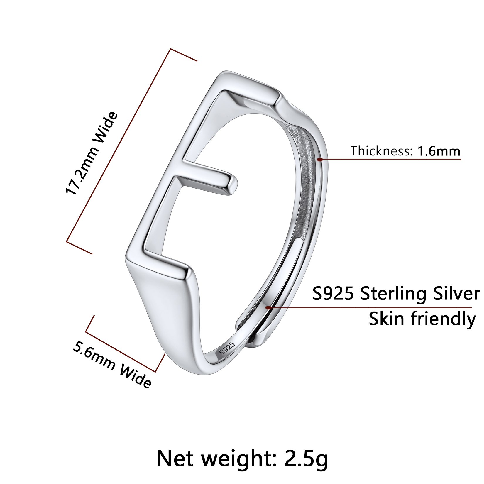 Silver Adjustable Capital Initial Letter Rings Details: Dimensions, Hypoallergenic, Adjustable size for 6~10