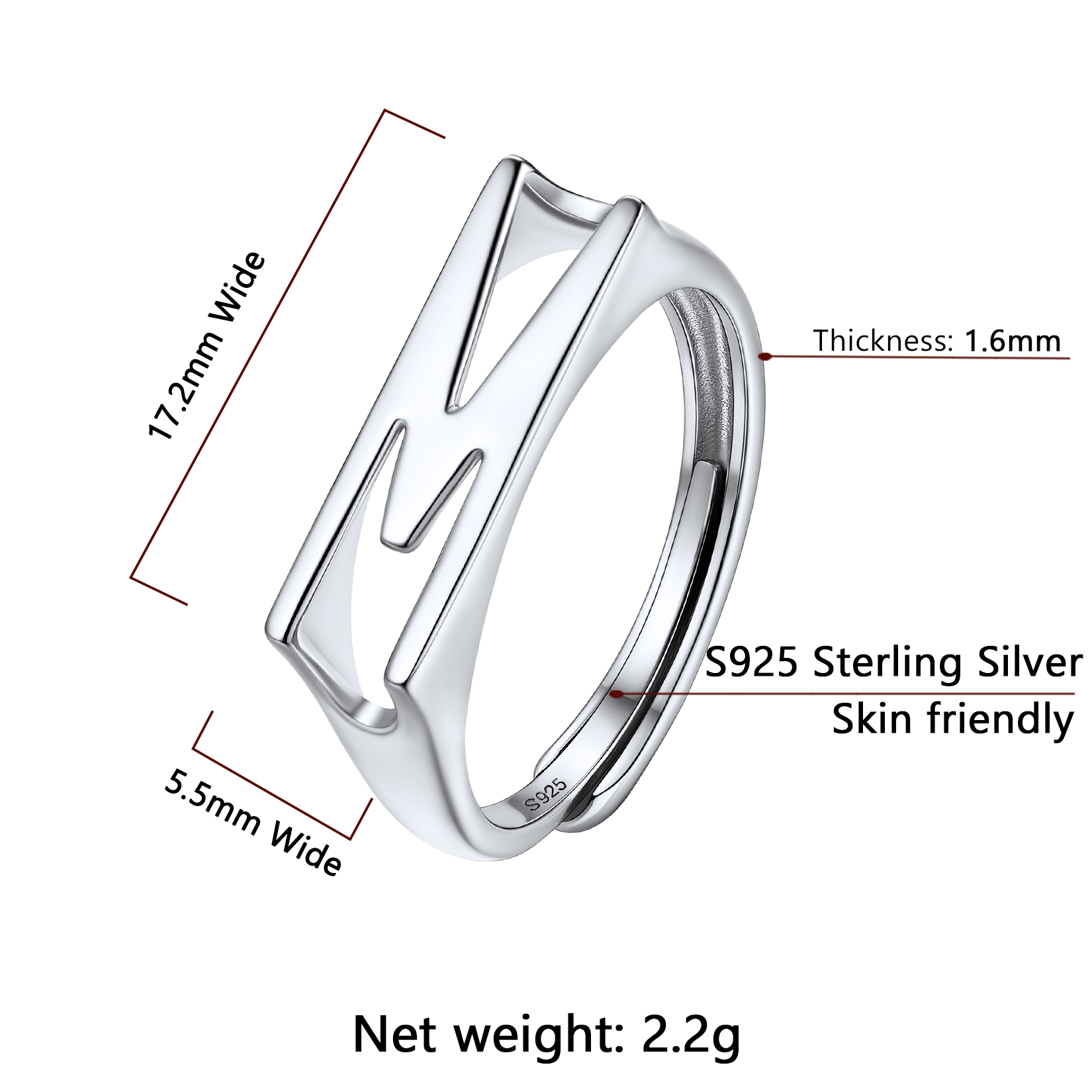 Silver Adjustable Capital Initial Letter Rings Details: Dimensions, Hypoallergenic, Adjustable size for 6~10