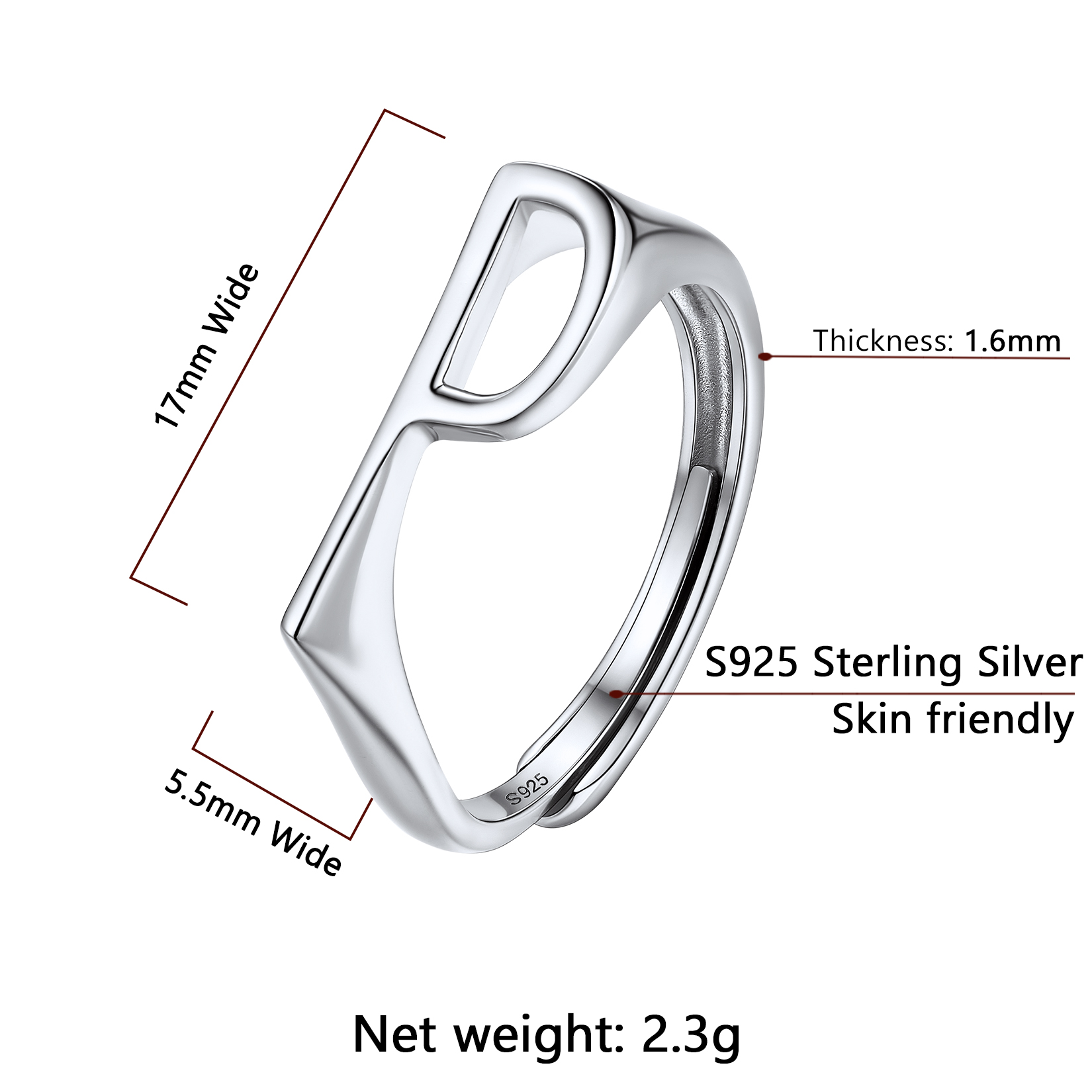 Silver Adjustable Capital Initial Letter Rings Details: Dimensions, Hypoallergenic, Adjustable size for 6~10