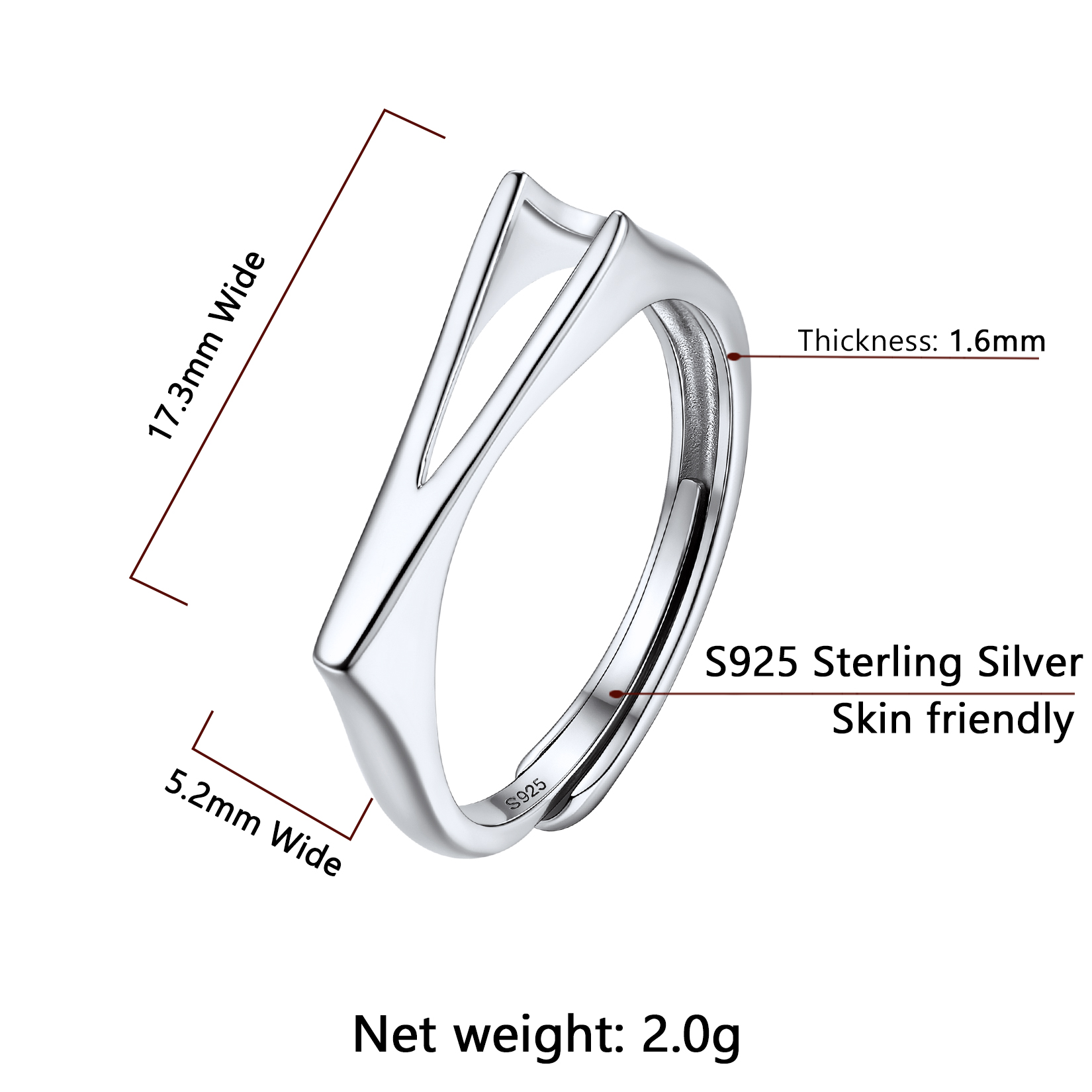 Silver Adjustable Capital Initial Letter Rings Details: Dimensions, Hypoallergenic, Adjustable size for 6~10