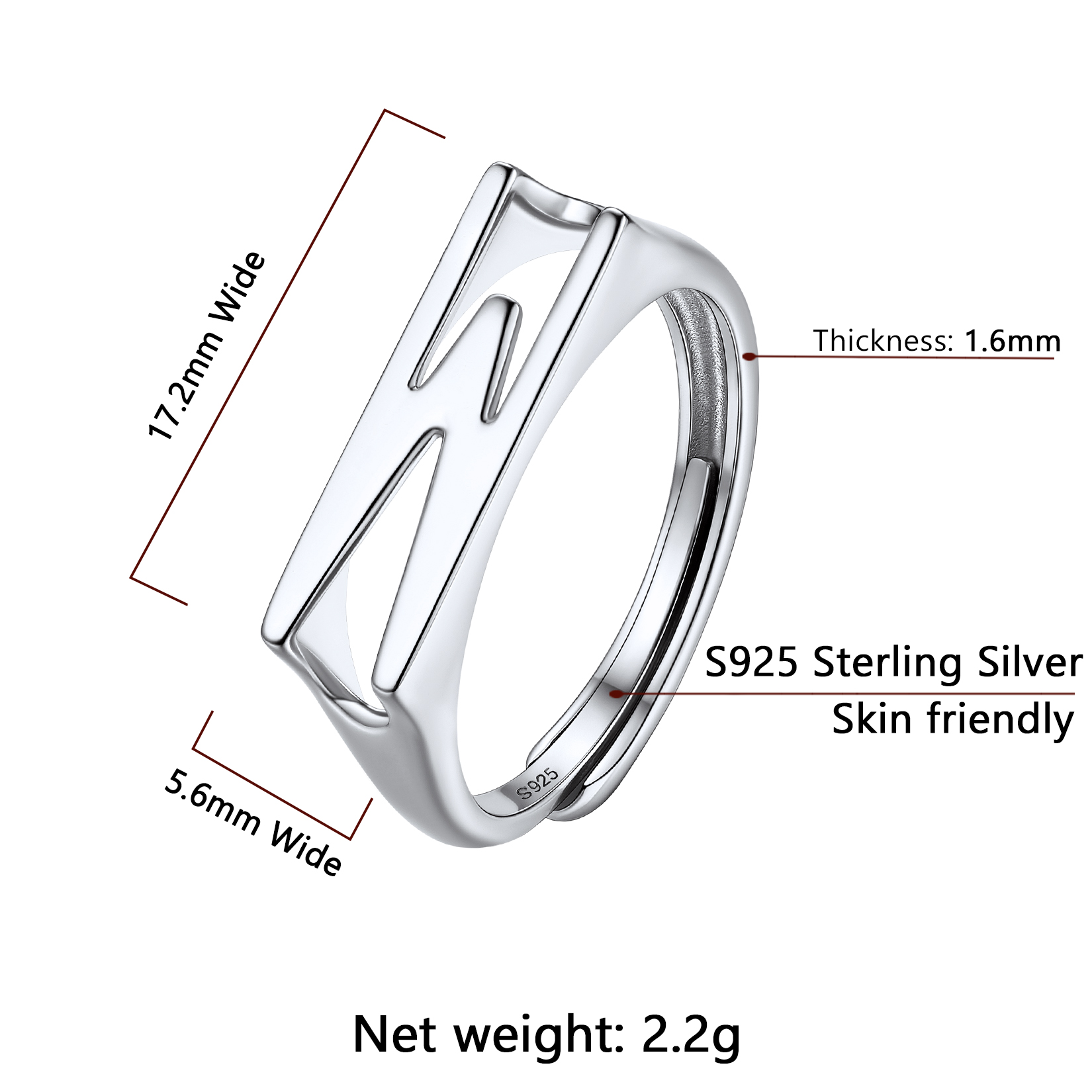 Silver Adjustable Capital Initial Letter Rings Details: Dimensions, Hypoallergenic, Adjustable size for 6~10