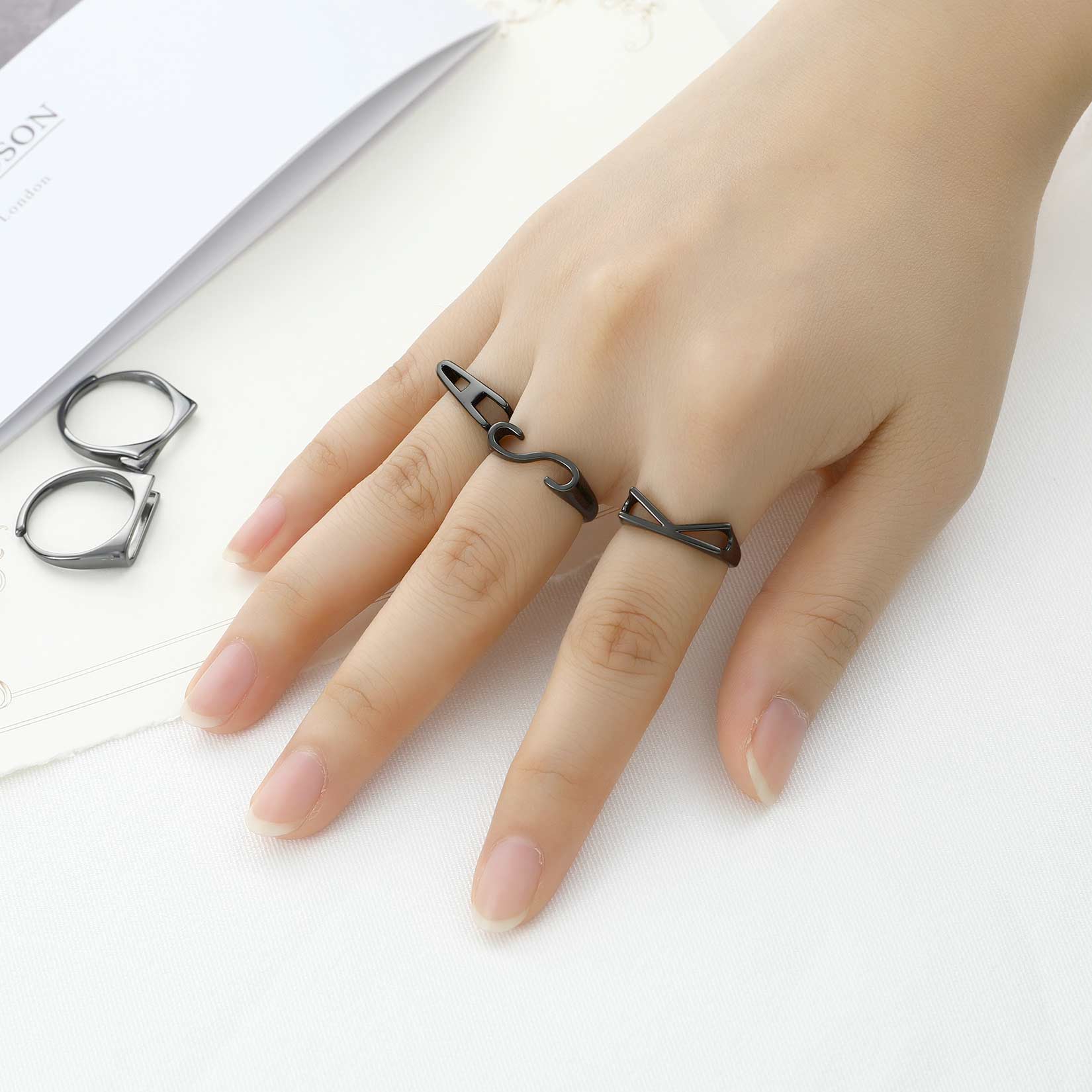 Black Adjustable Capital Initial Letter Rings for Women, Ladies, Men, Mother, Father, Friends, Couples, girlfriend, boyfriend, teenager