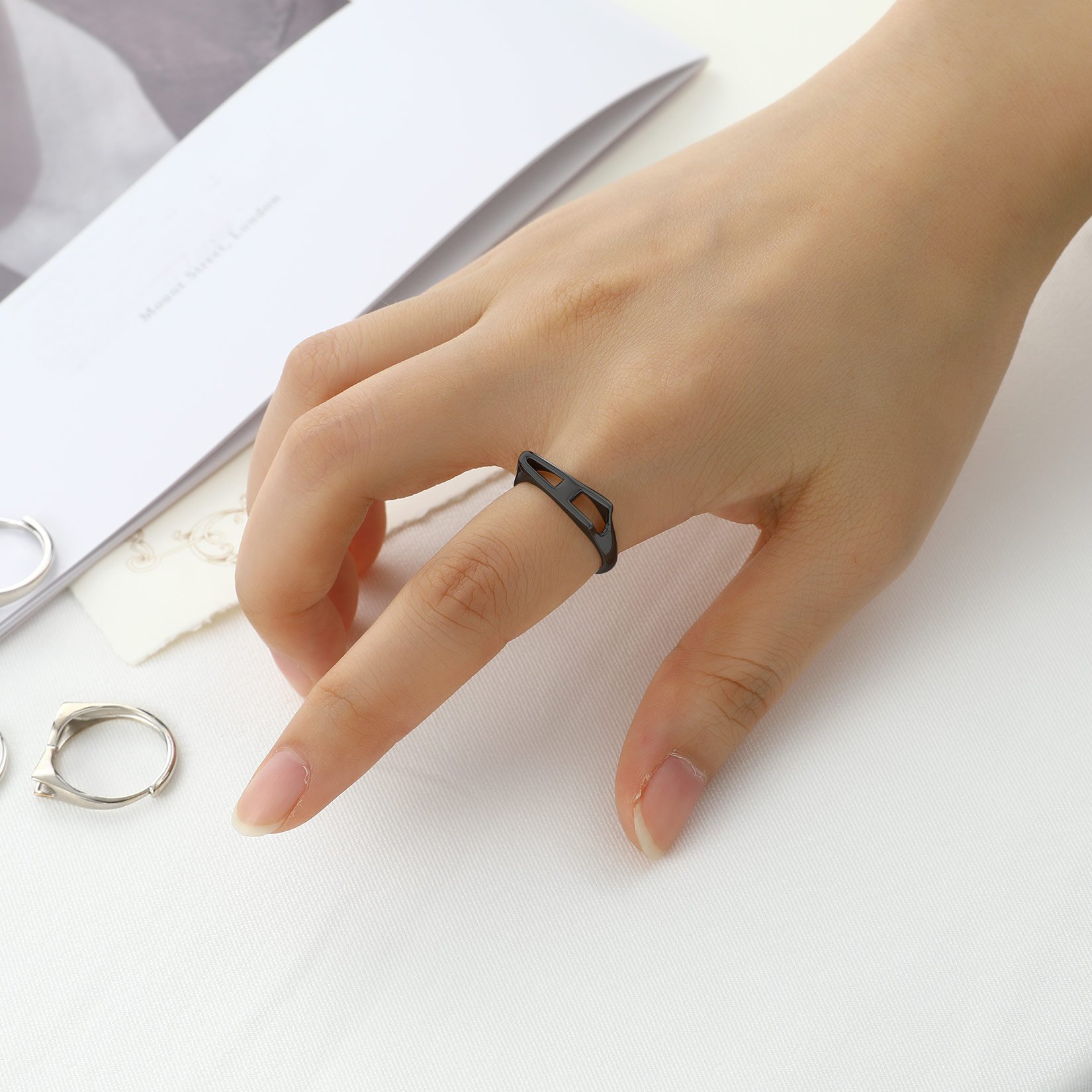 Black Adjustable Capital Initial Letter Rings for Women, Ladies, Men, Mother, Father, Friends, Couples, girlfriend, boyfriend, teenager