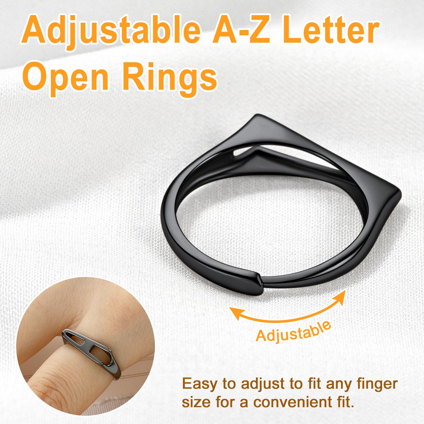 Sterling Silver ChicSilver Black Adjustable Capital Initial Letter Rings 