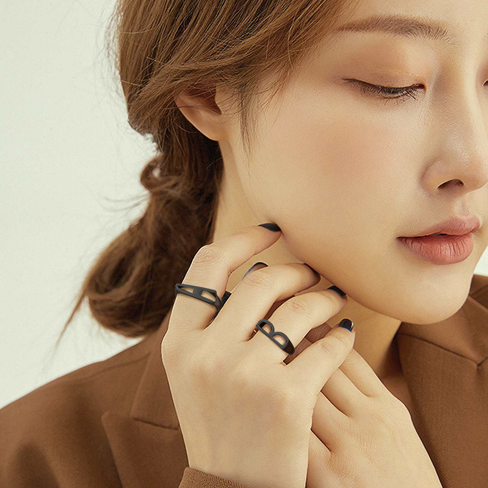 Black Adjustable Capital Initial Letter Rings for Women, Ladies, Men, Mother, Father, Friends, Couples, girlfriend, boyfriend, teenager