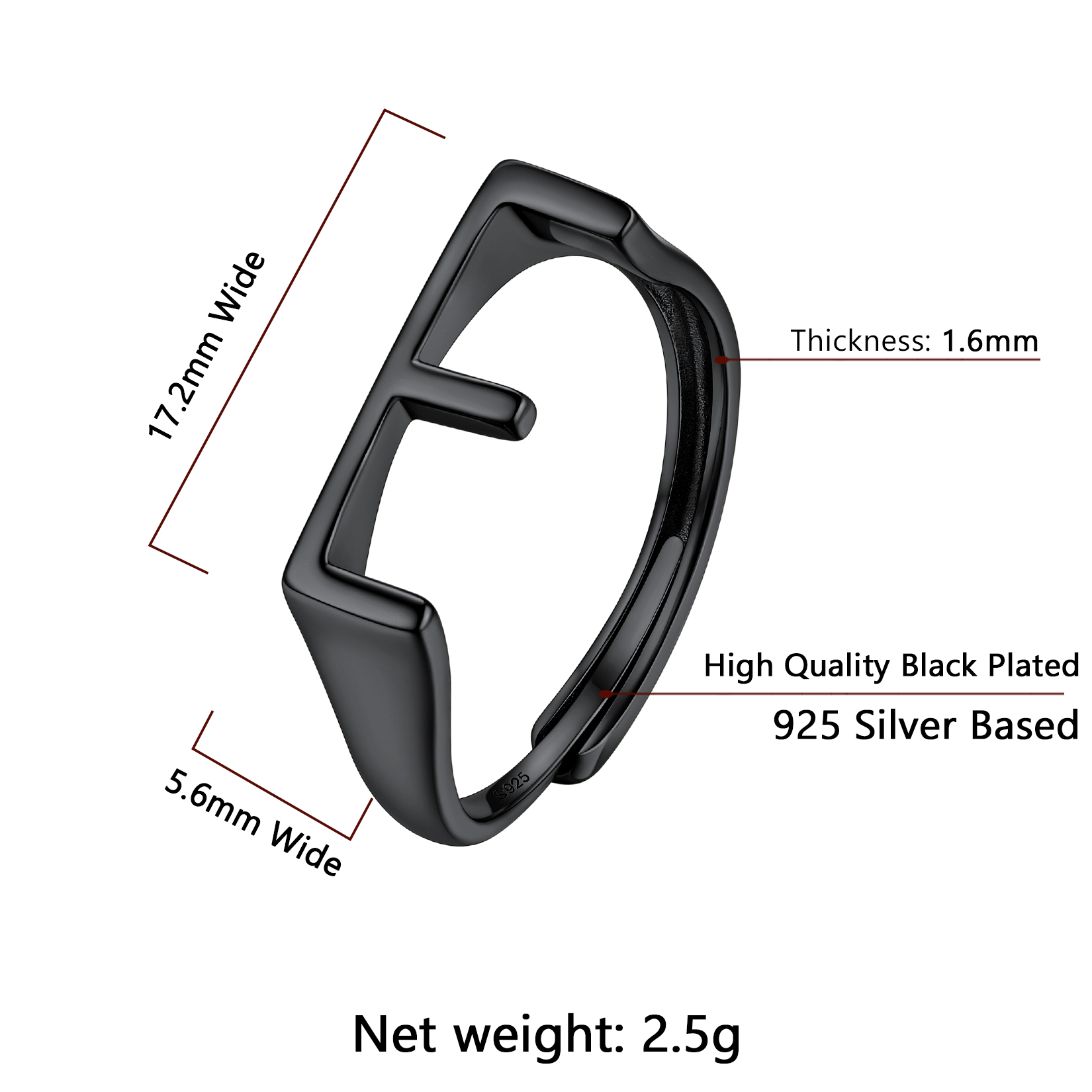 Sterling Silver ChicSilver Black Adjustable Capital Initial Letter Rings Details: Dimensions, Hypoallergenic, Adjustable size for 6~10