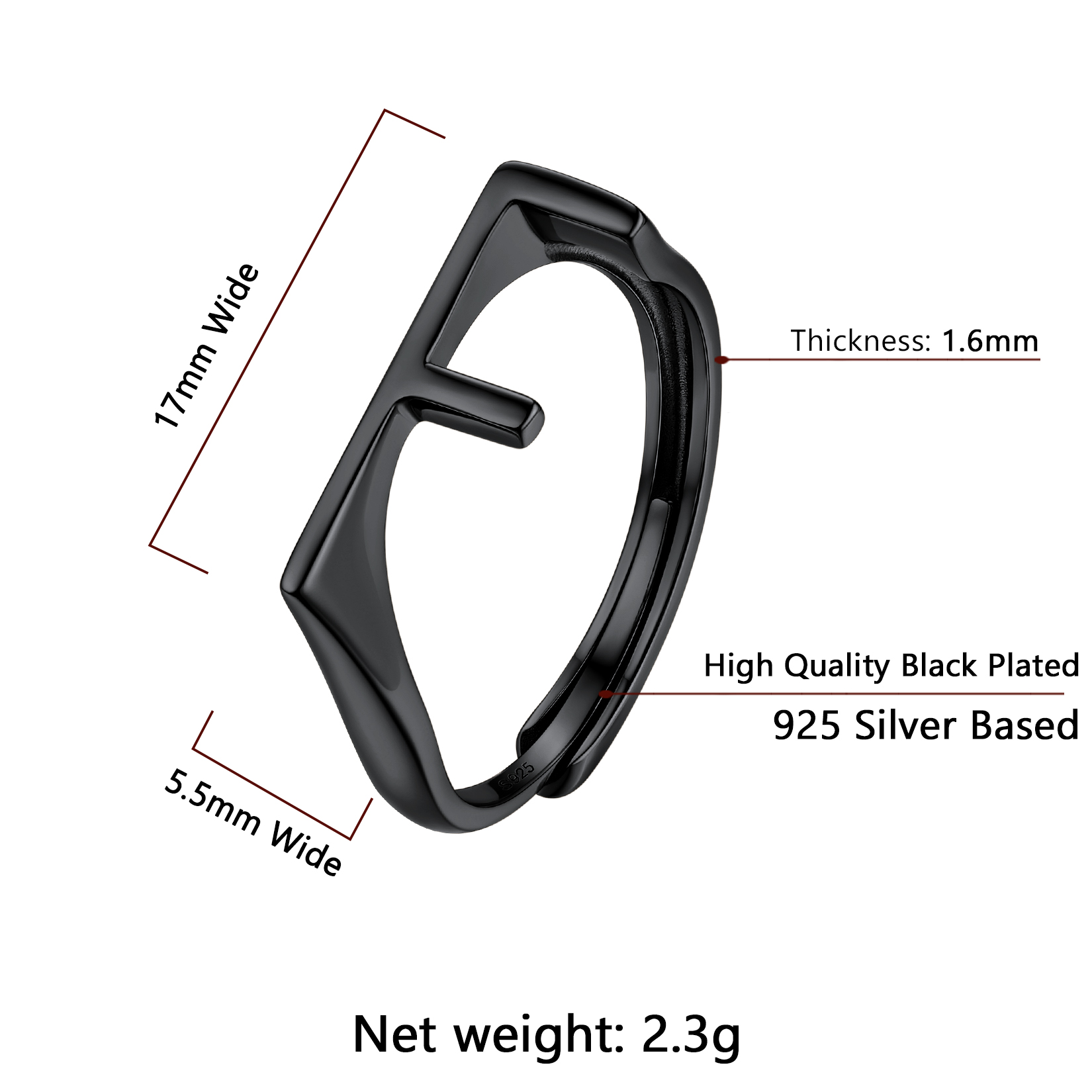 Sterling Silver ChicSilver Black Adjustable Capital Initial Letter Rings Details: Dimensions, Hypoallergenic, Adjustable size for 6~10