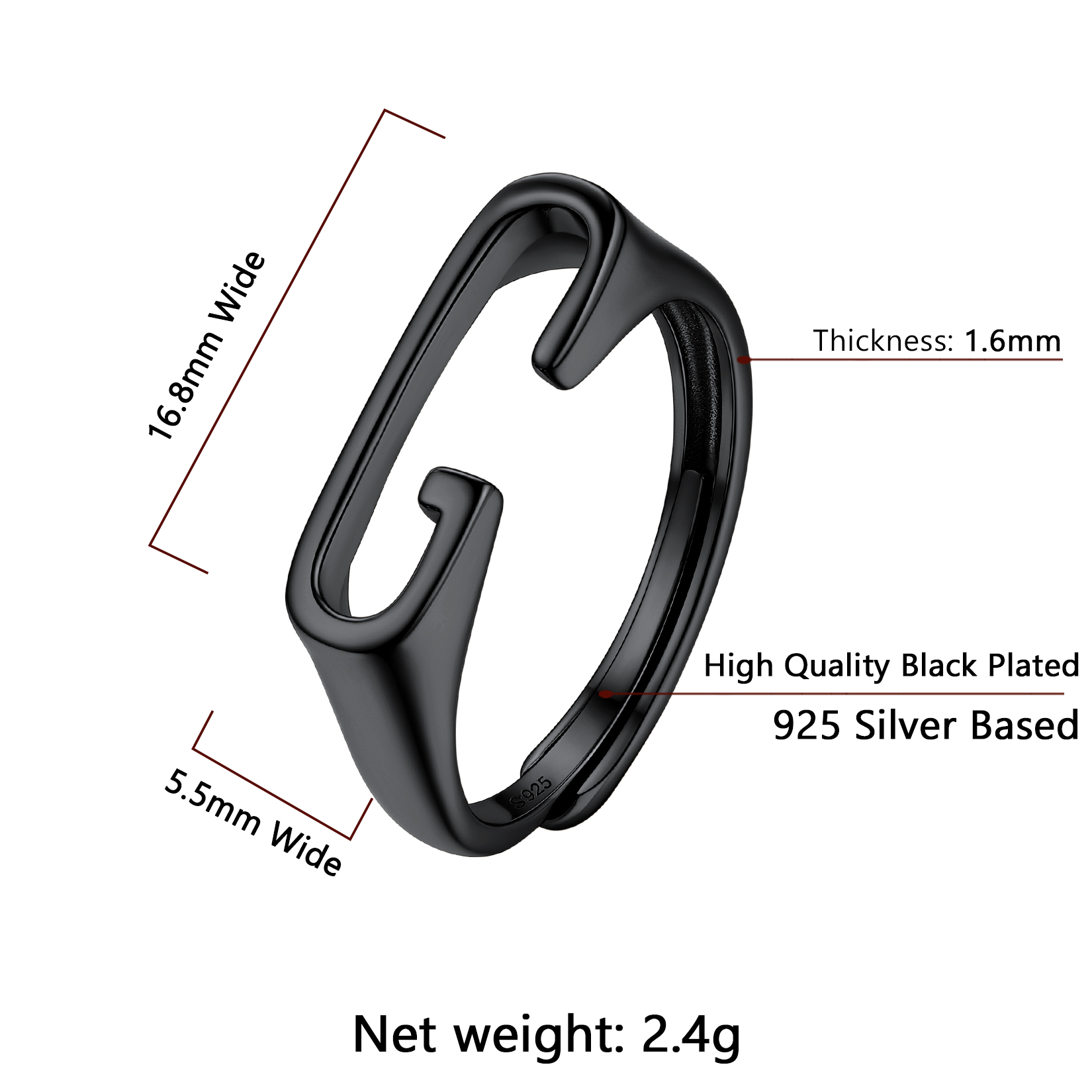 Sterling Silver ChicSilver Black Adjustable Capital Initial Letter Rings Details: Dimensions, Hypoallergenic, Adjustable size for 6~10