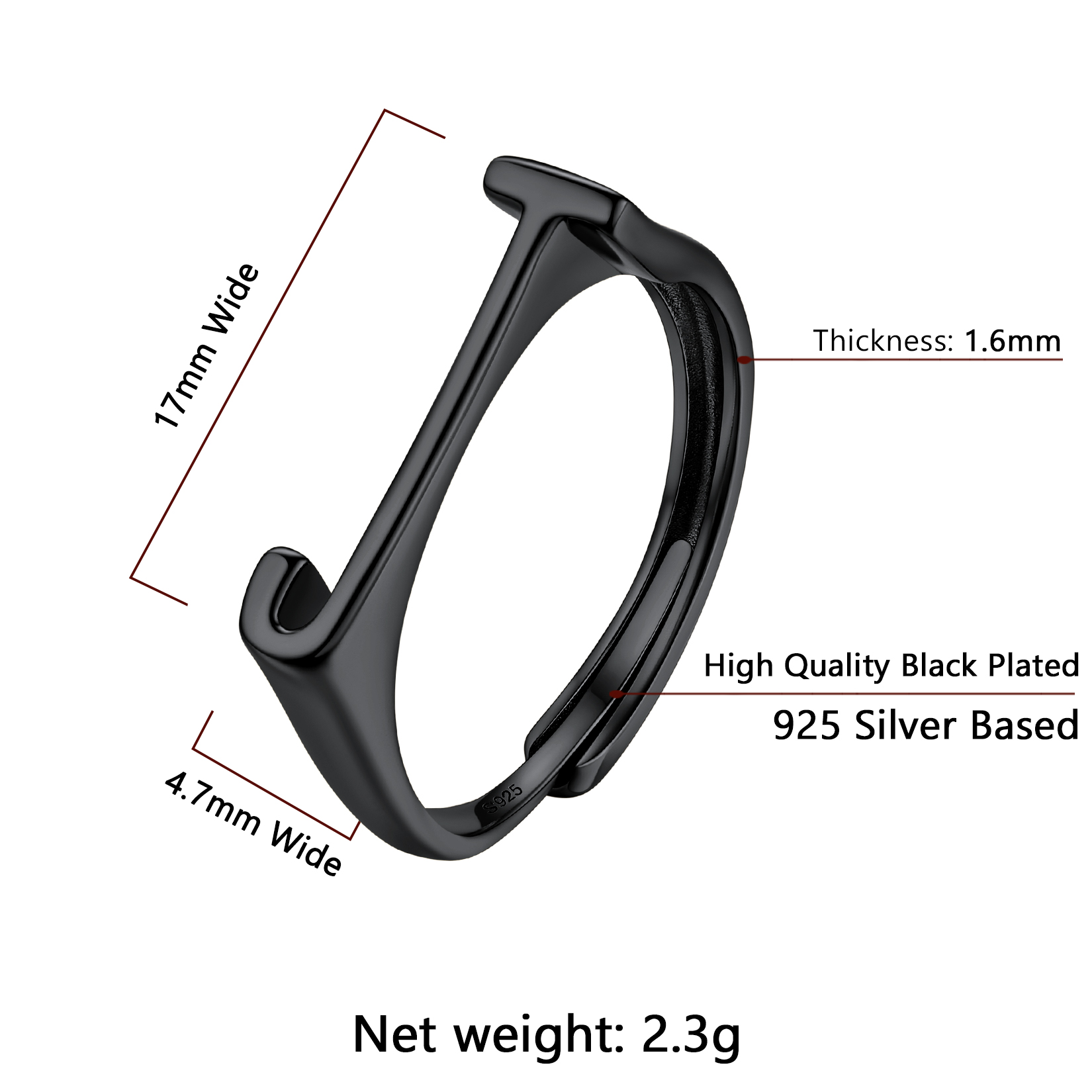 Sterling Silver ChicSilver Black Adjustable Capital Initial Letter Rings Details: Dimensions, Hypoallergenic, Adjustable size for 6~10