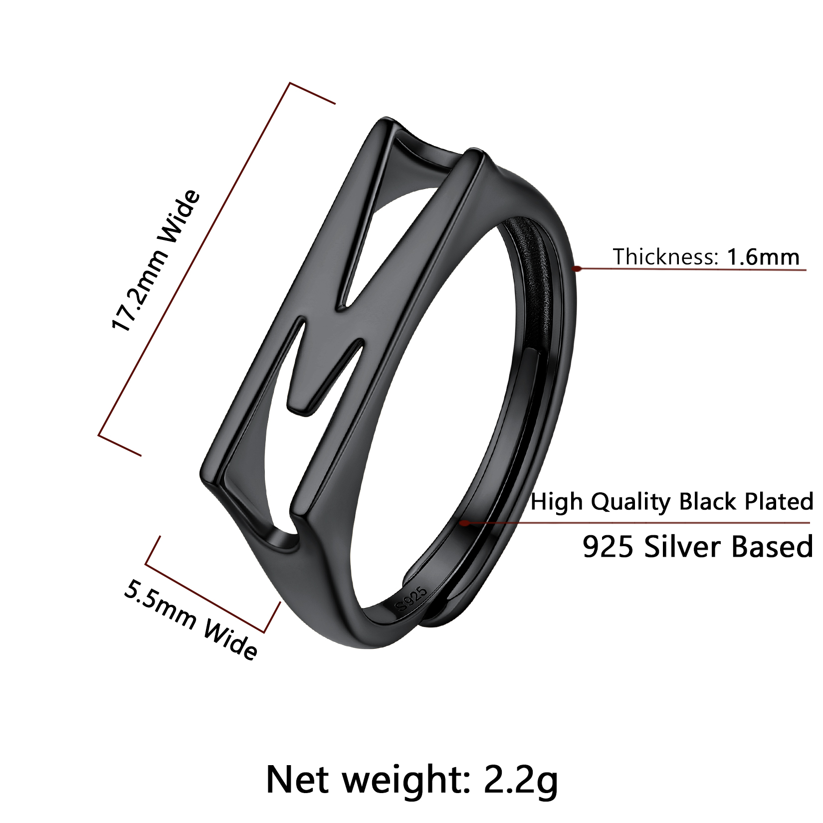 Sterling Silver ChicSilver Black Adjustable Capital Initial Letter Rings Details: Dimensions, Hypoallergenic, Adjustable size for 6~10