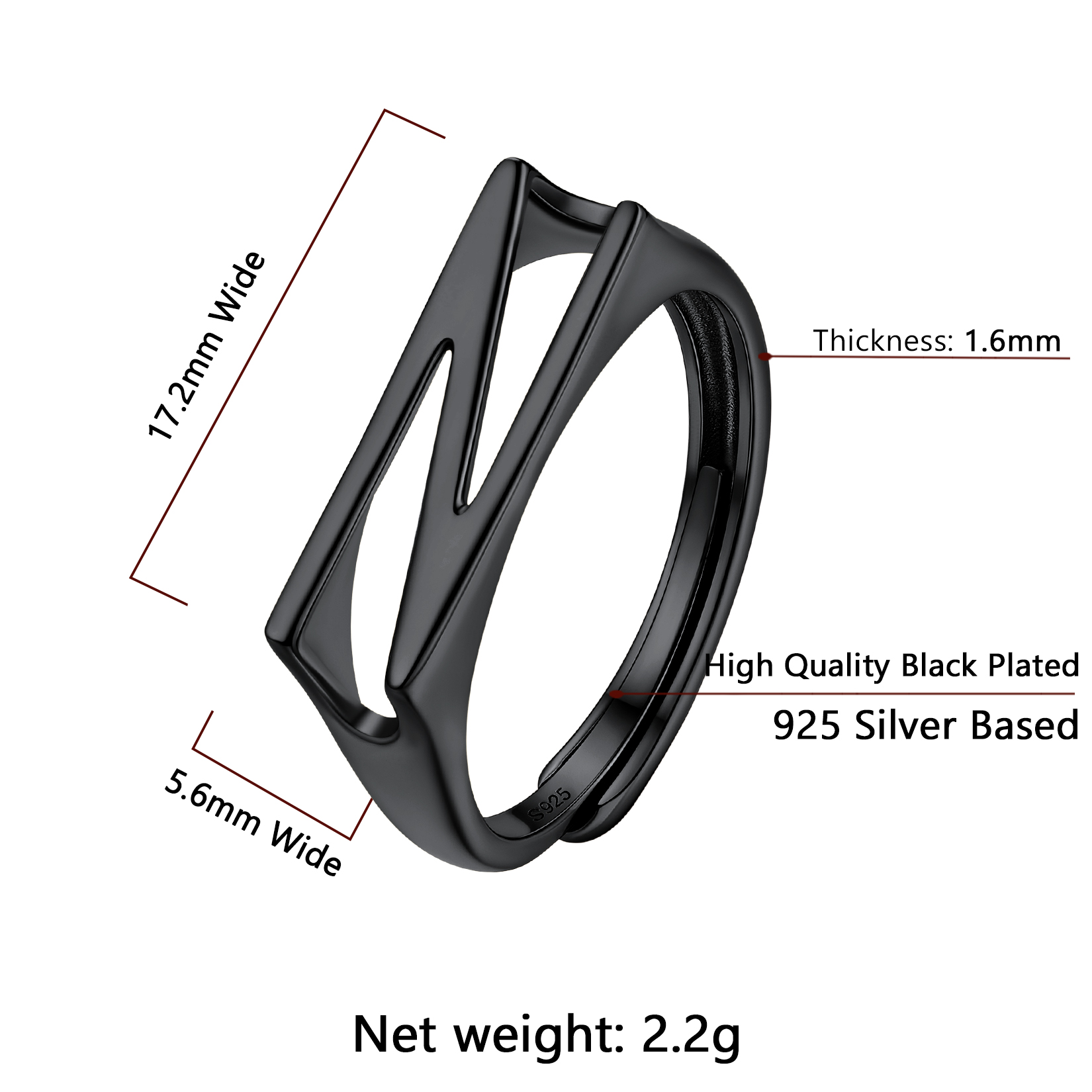 Sterling Silver ChicSilver Black Adjustable Capital Initial Letter Rings Details: Dimensions, Hypoallergenic, Adjustable size for 6~10