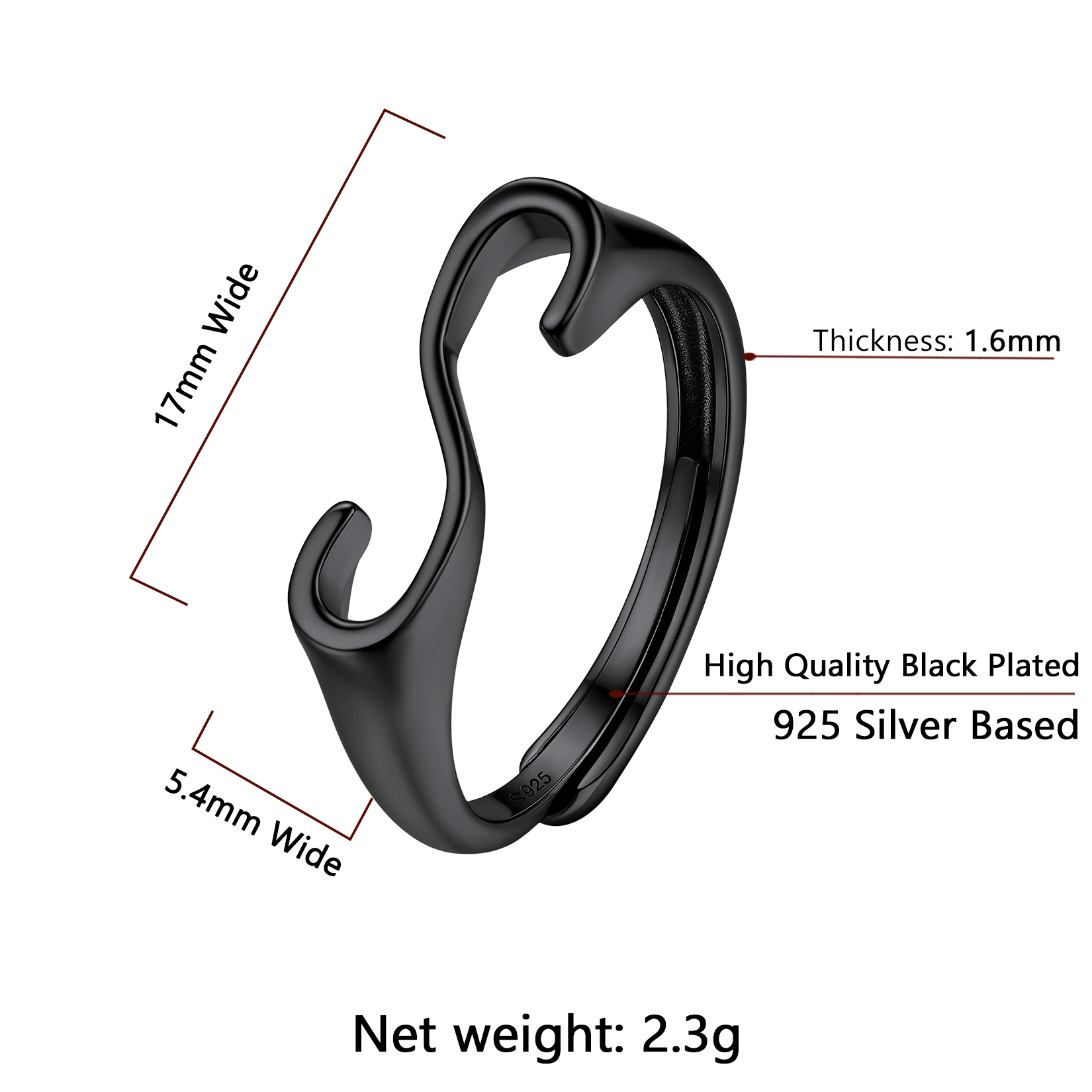 Sterling Silver ChicSilver Black Adjustable Capital Initial Letter Rings Details: Dimensions, Hypoallergenic, Adjustable size for 6~10