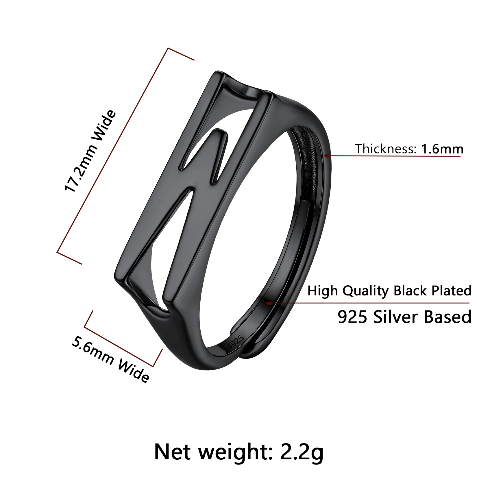 Sterling Silver ChicSilver Black Adjustable Capital Initial Letter Rings Details: Dimensions, Hypoallergenic, Adjustable size for 6~10