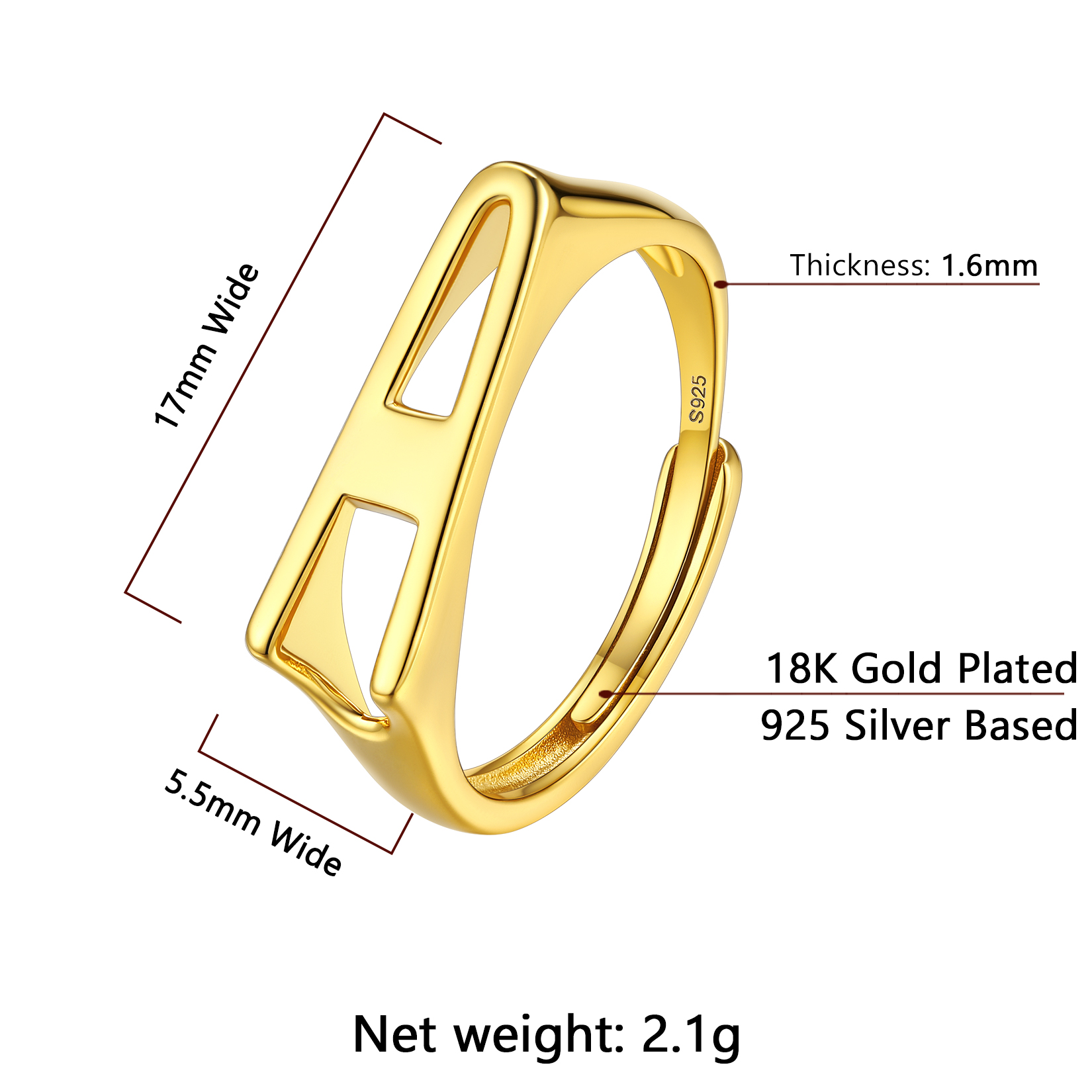 Gold Adjustable Capital Initial Letter Rings Details: Dimensions, Hypoallergenic, Adjustable size for 6~10