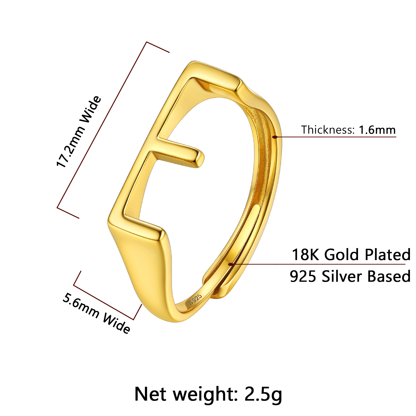 Gold Adjustable Capital Initial Letter Rings Details: Dimensions, Hypoallergenic, Adjustable size for 6~10