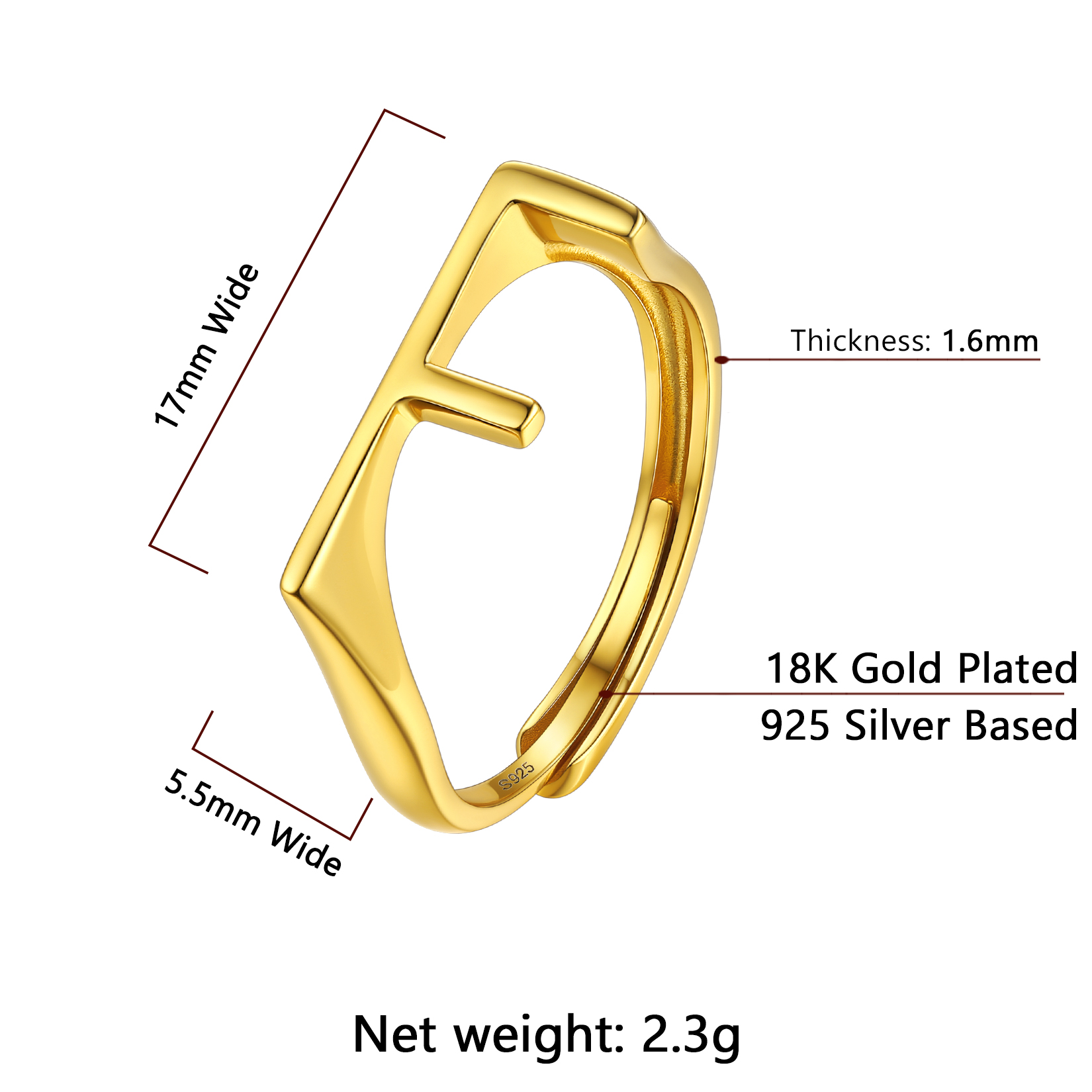 Gold Adjustable Capital Initial Letter Rings Details: Dimensions, Hypoallergenic, Adjustable size for 6~10