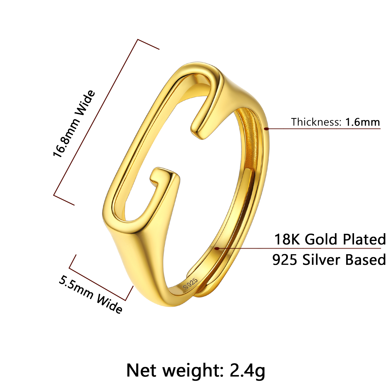 Gold Adjustable Capital Initial Letter Rings Details: Dimensions, Hypoallergenic, Adjustable size for 6~10