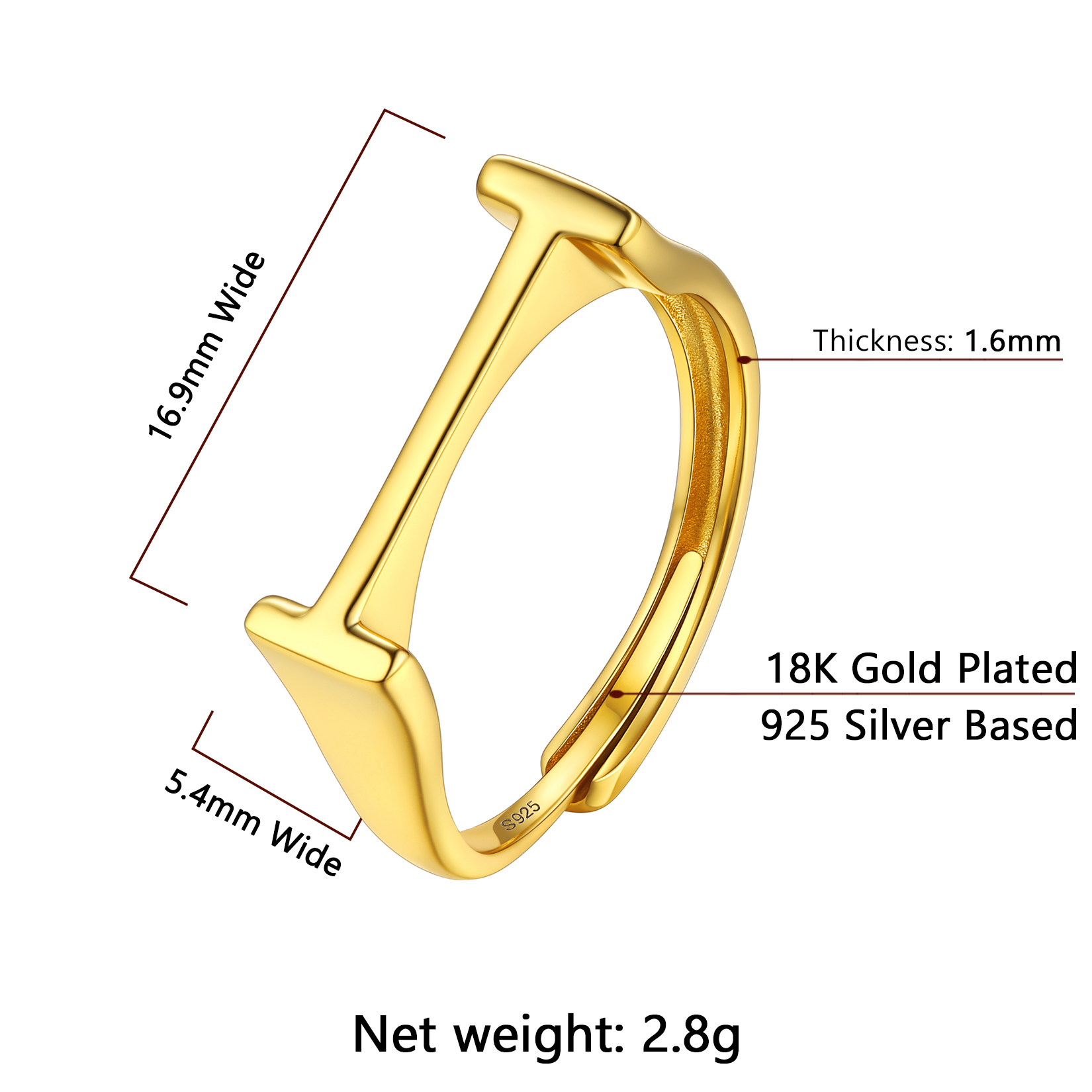 Gold Adjustable Capital Initial Letter Rings Details: Dimensions, Hypoallergenic, Adjustable size for 6~10