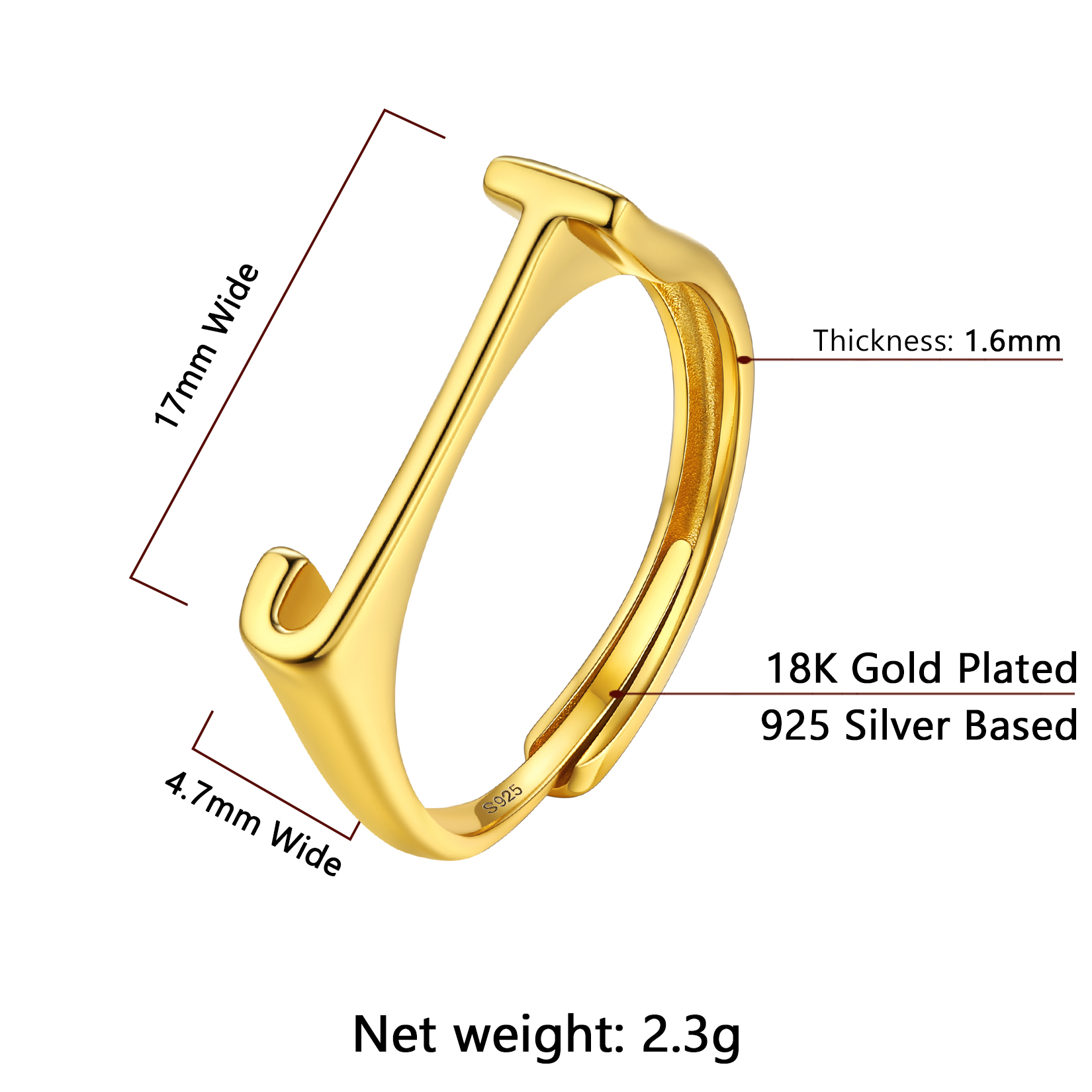 Gold Adjustable Capital Initial Letter Rings Details: Dimensions, Hypoallergenic, Adjustable size for 6~10