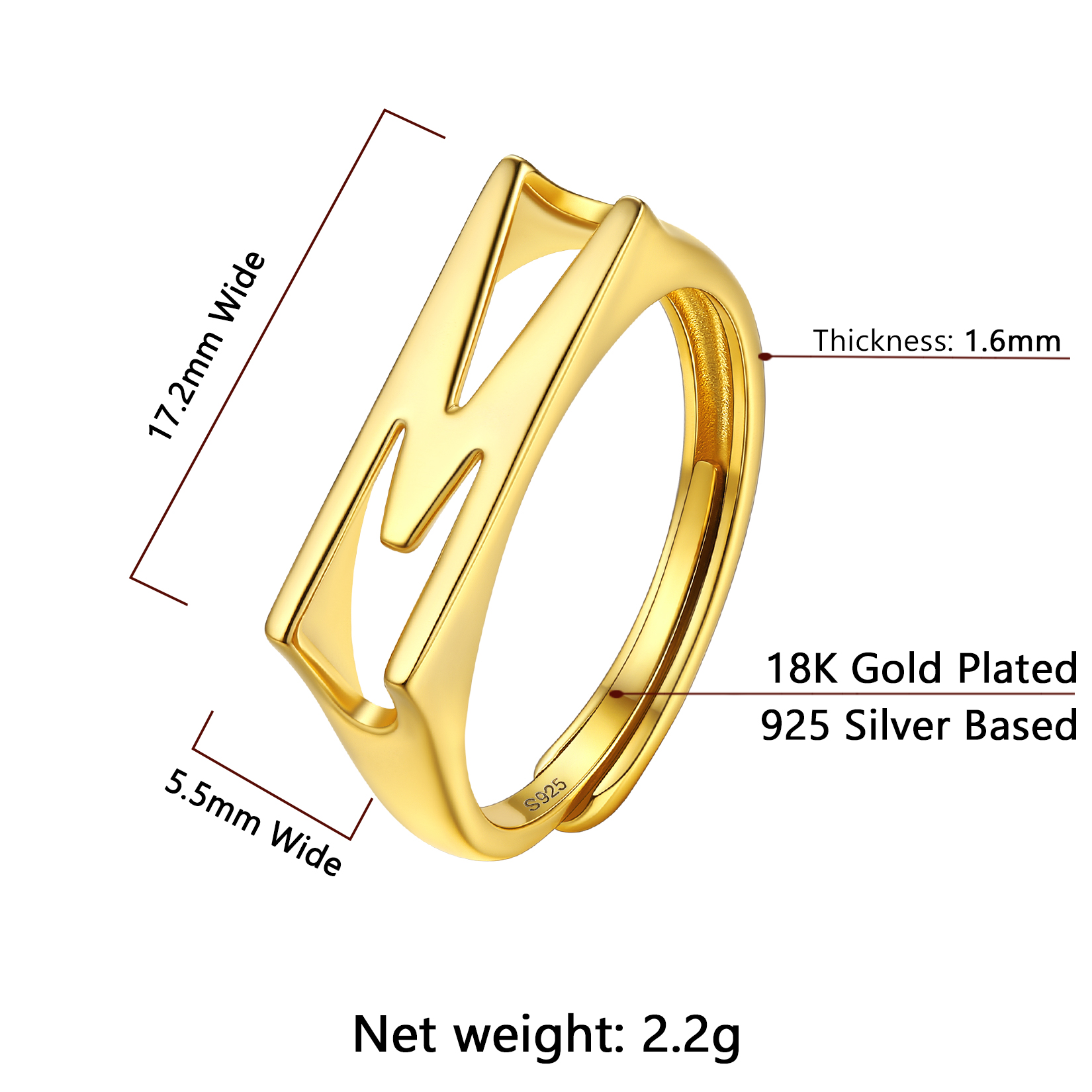 Gold Adjustable Capital Initial Letter Rings Details: Dimensions, Hypoallergenic, Adjustable size for 6~10