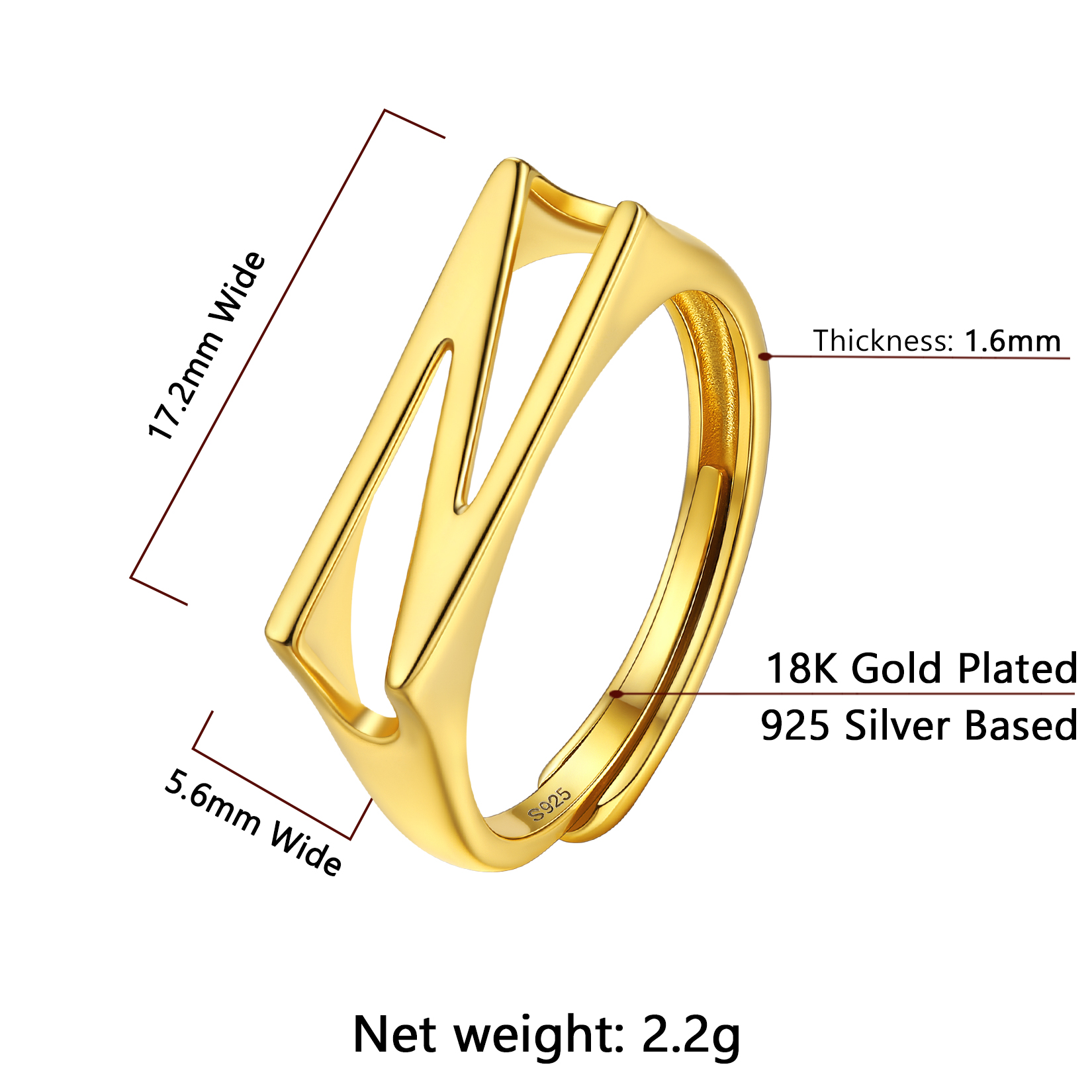 Gold Adjustable Capital Initial Letter Rings Details: Dimensions, Hypoallergenic, Adjustable size for 6~10