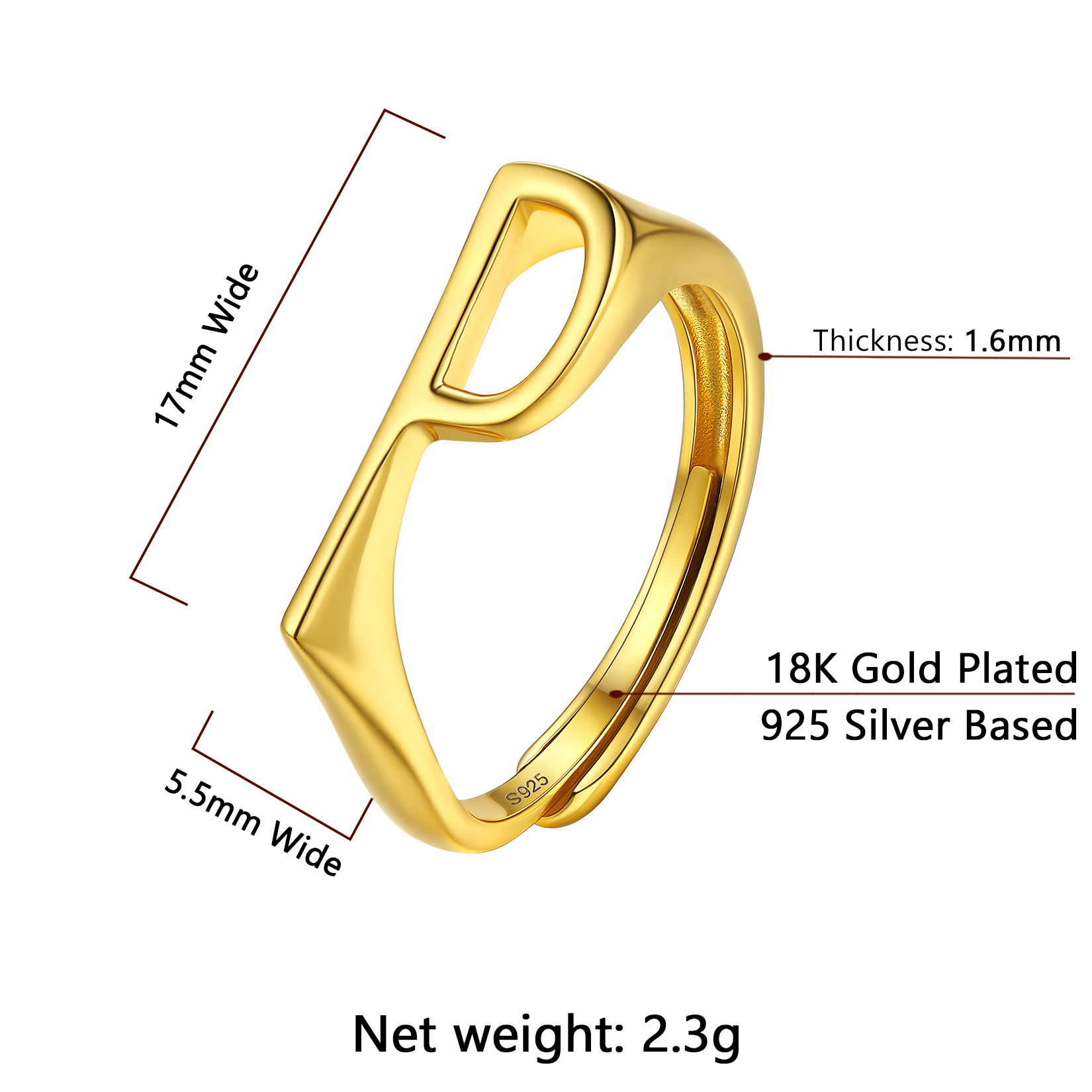 Gold Adjustable Capital Initial Letter Rings Details: Dimensions, Hypoallergenic, Adjustable size for 6~10