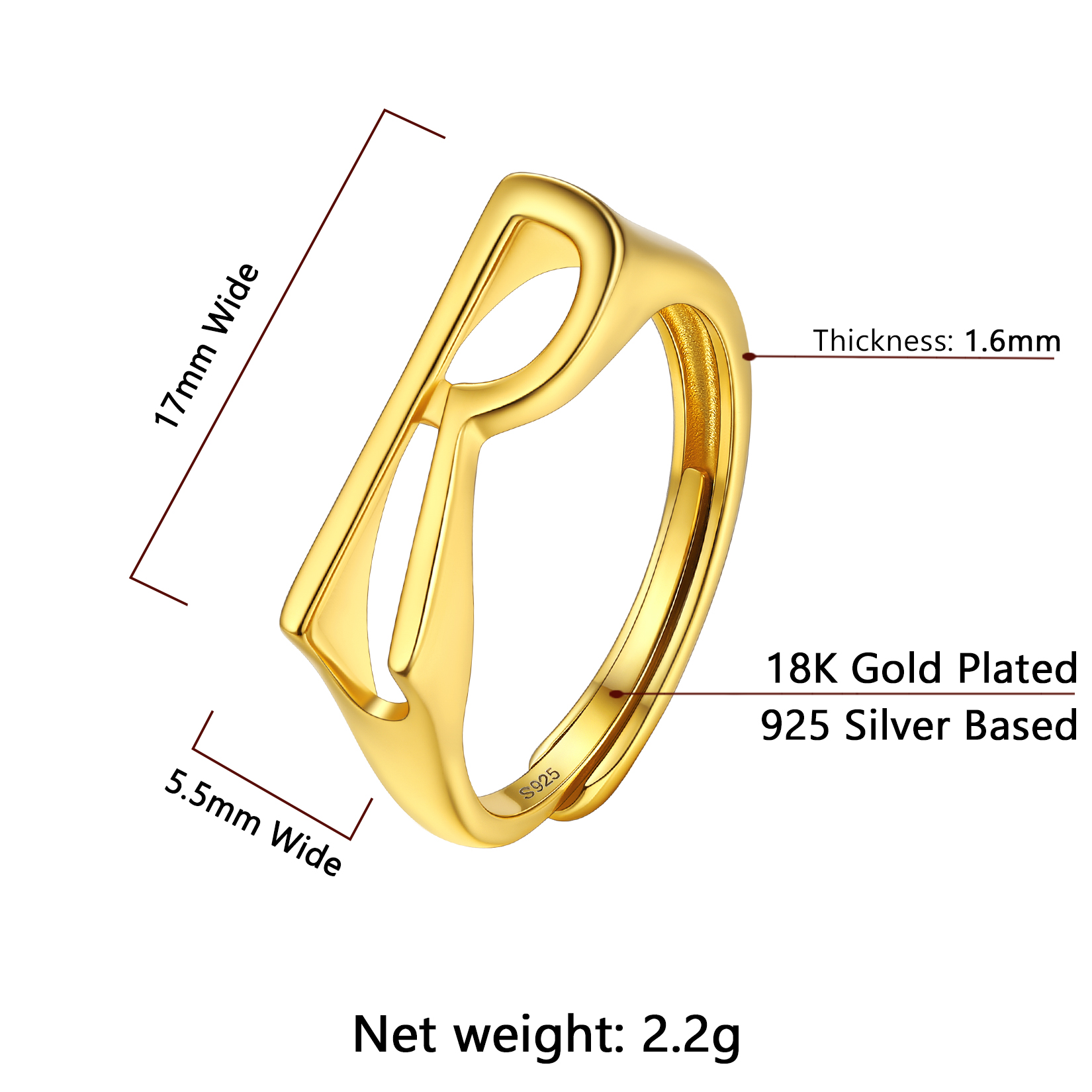 Gold Adjustable Capital Initial Letter Rings Details: Dimensions, Hypoallergenic, Adjustable size for 6~10