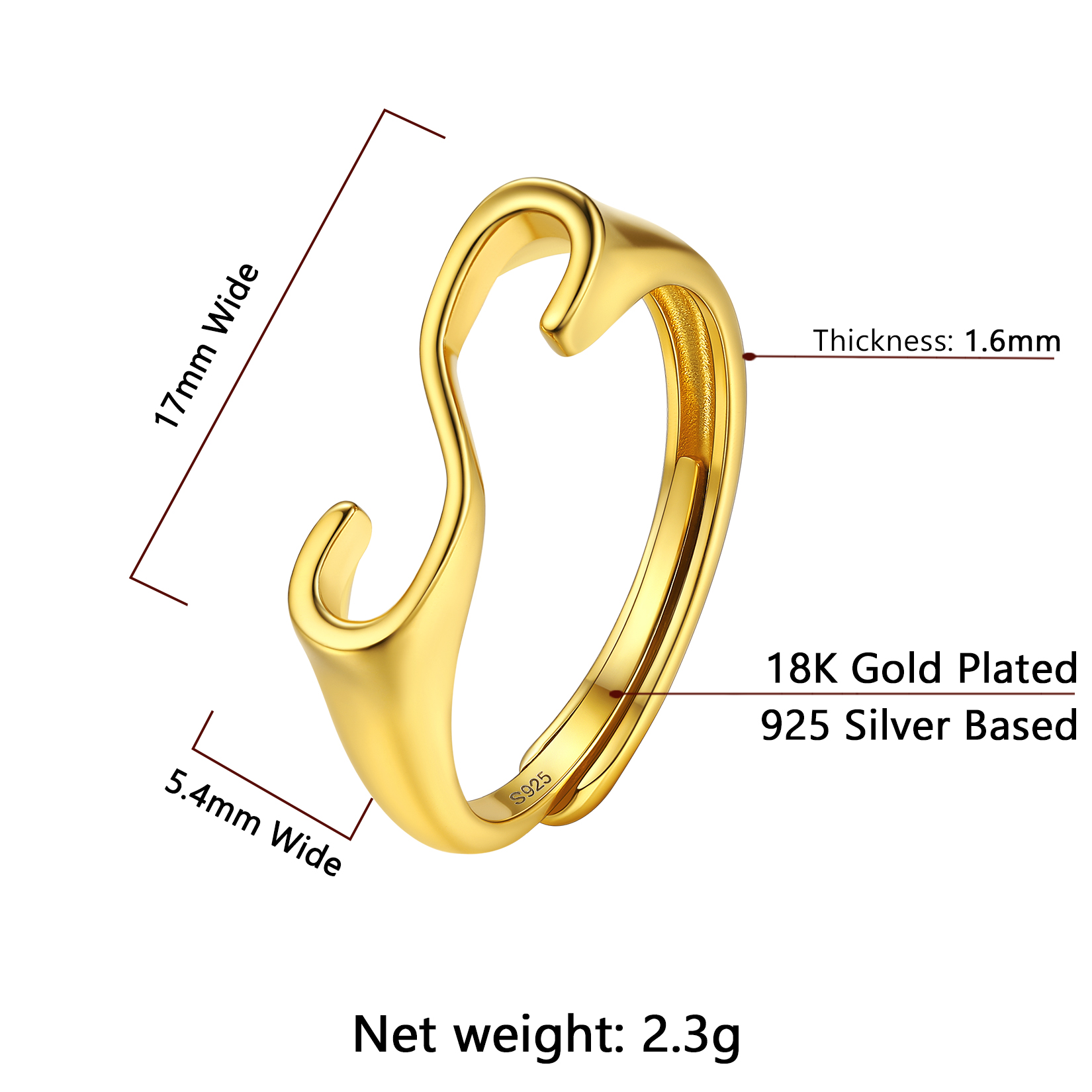 Gold Adjustable Capital Initial Letter Rings Details: Dimensions, Hypoallergenic, Adjustable size for 6~10