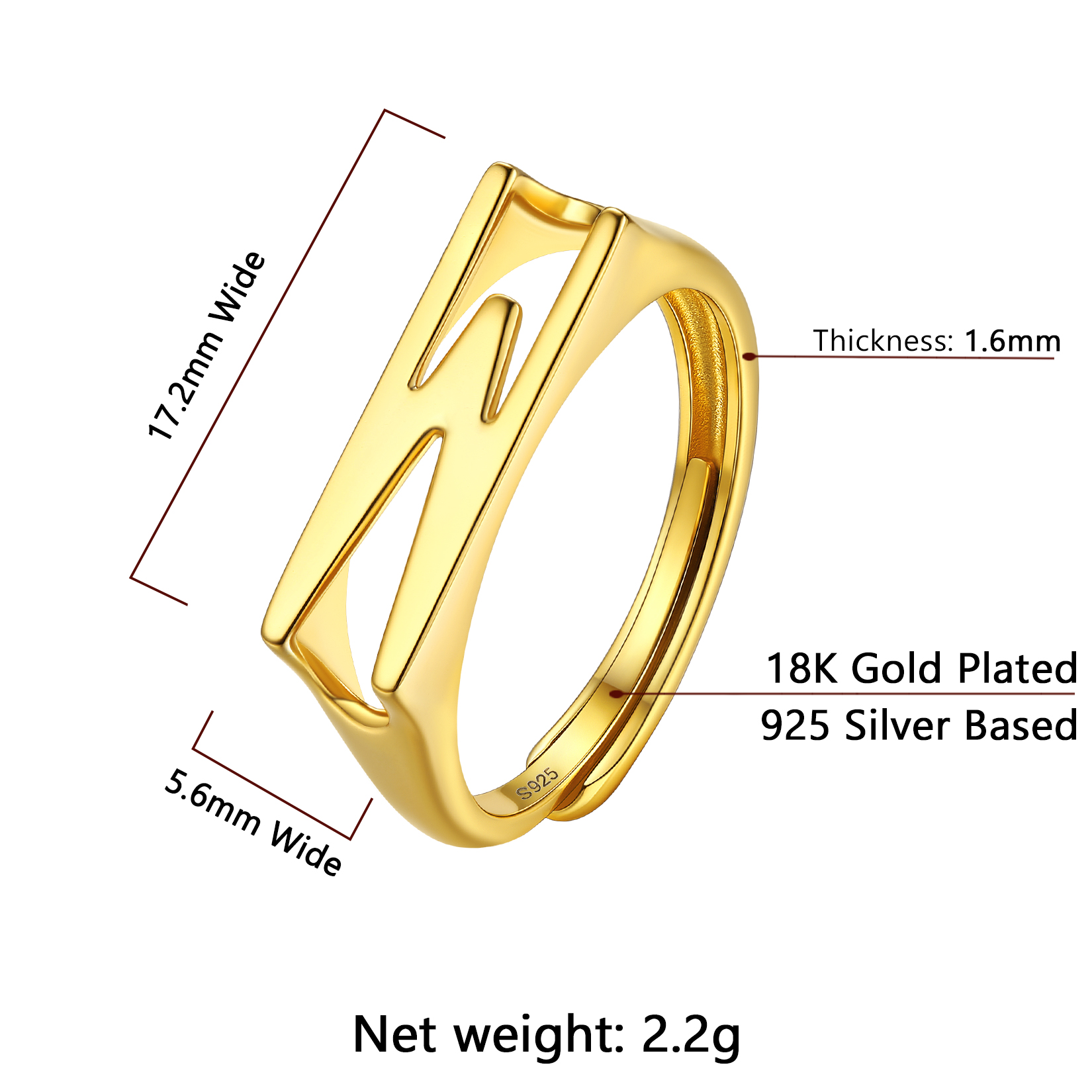 Gold Adjustable Capital Initial Letter Rings Details: Dimensions, Hypoallergenic, Adjustable size for 6~10