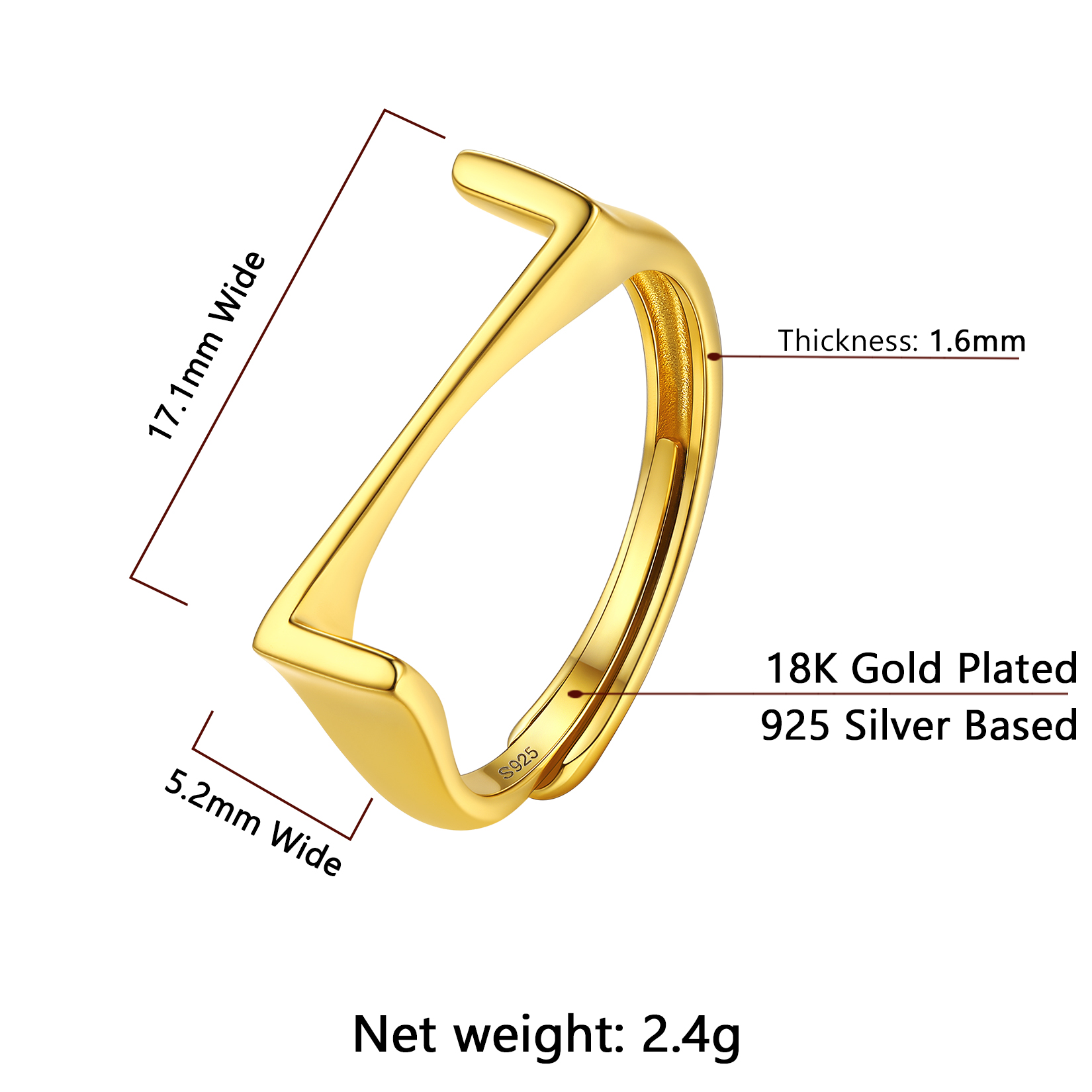 Gold Adjustable Capital Initial Letter Rings Details: Dimensions, Hypoallergenic, Adjustable size for 6~10