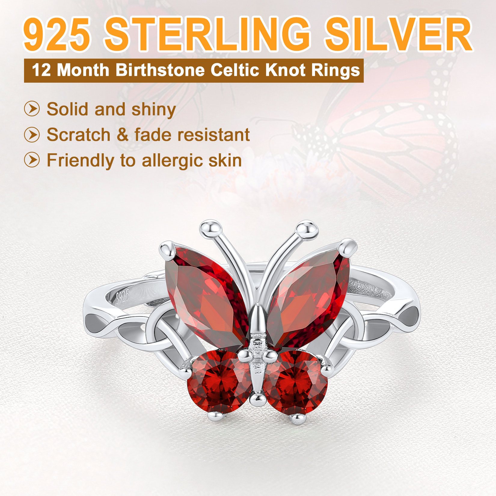 Sterling Silver ChicSilver Adjustable Celtic knot Cubic Zirconia Birthstone Butterfly Ring