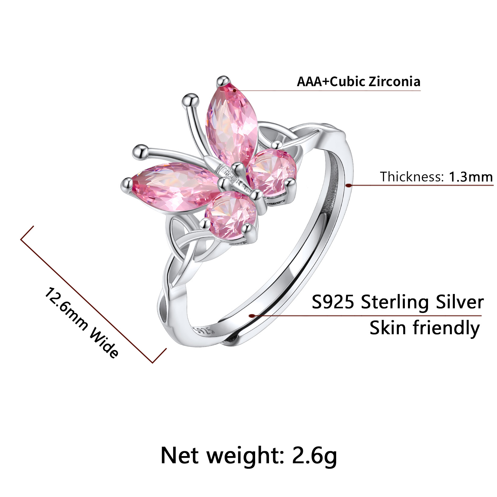 Sterling Silver ChicSilver Adjustable Celtic knot Cubic Zirconia Birthstone Butterfly Ring Details: Dimensions, Hypoallergenic, Adjustable size for 6~11