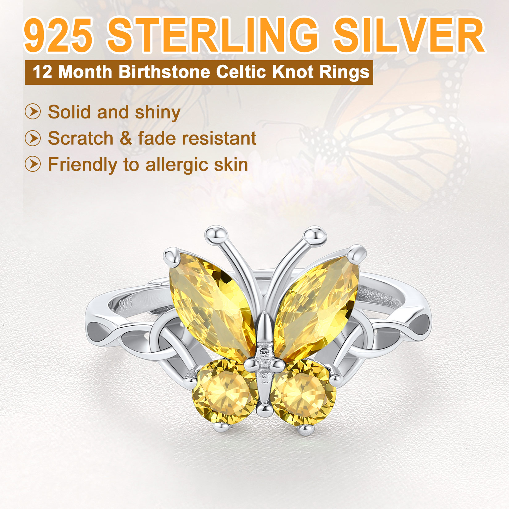 Sterling Silver ChicSilver Adjustable Celtic knot Cubic Zirconia Birthstone Butterfly Ring