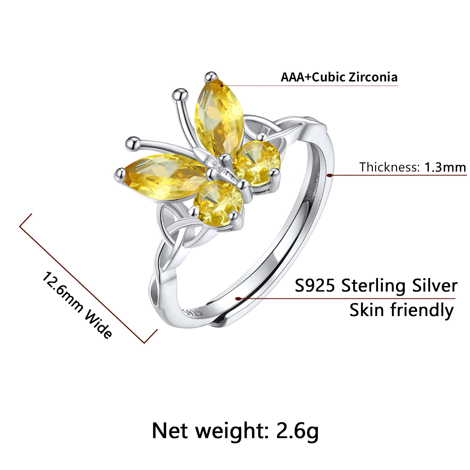 Sterling Silver ChicSilver Adjustable Celtic knot Cubic Zirconia Birthstone Butterfly Ring Details: Dimensions, Hypoallergenic, Adjustable size for 6~11