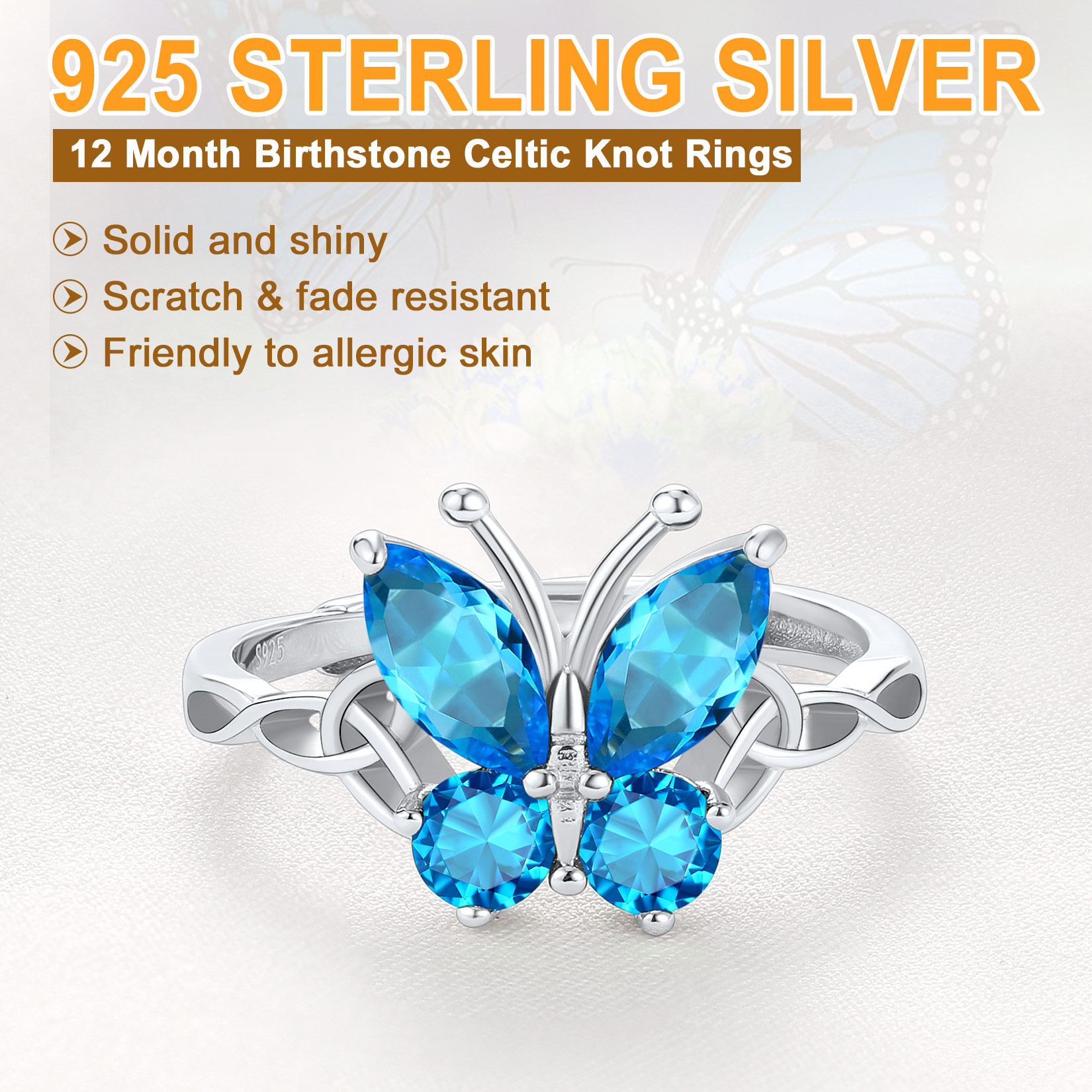 Sterling Silver ChicSilver Adjustable Celtic knot Cubic Zirconia Birthstone Butterfly Ring