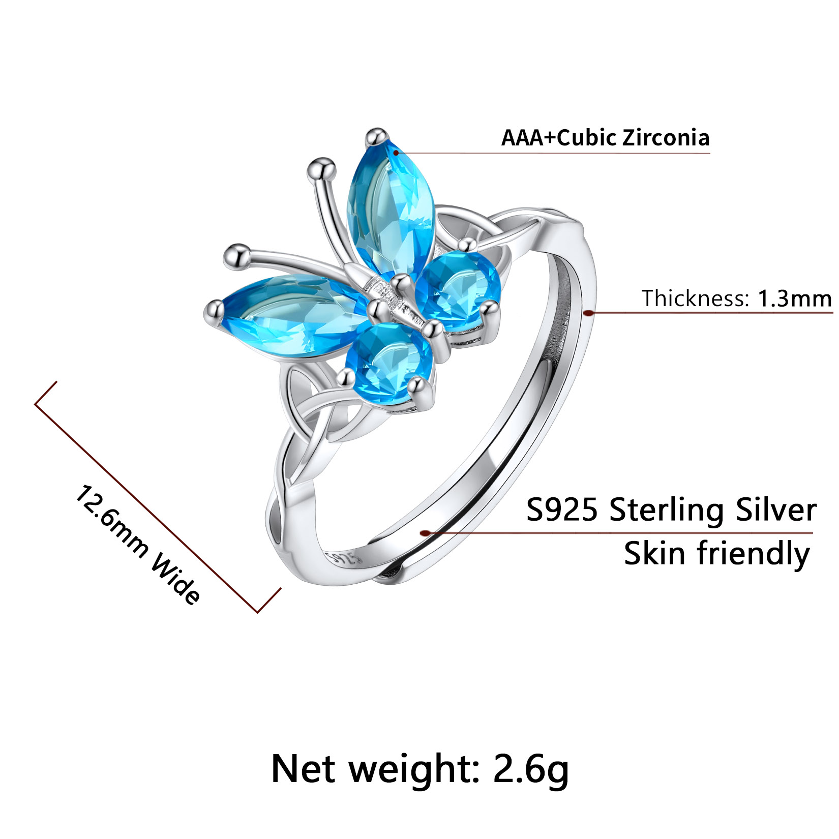 Sterling Silver ChicSilver Adjustable Celtic knot Cubic Zirconia Birthstone Butterfly Ring Details: Dimensions, Hypoallergenic, Adjustable size for 6~11