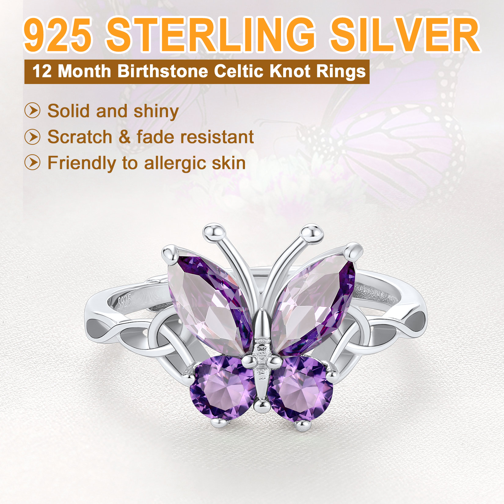 Sterling Silver ChicSilver Adjustable Celtic knot Cubic Zirconia Birthstone Butterfly Ring